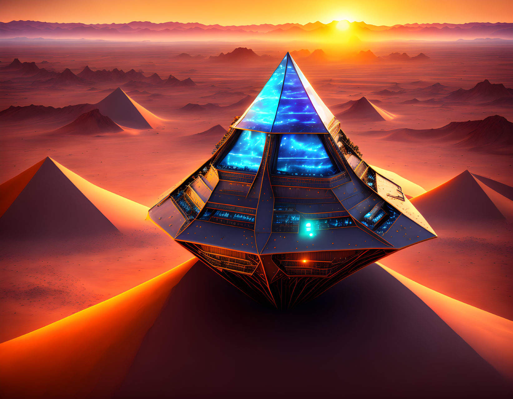 Futuristic glowing pyramid in desert at sunset with intricate patterns