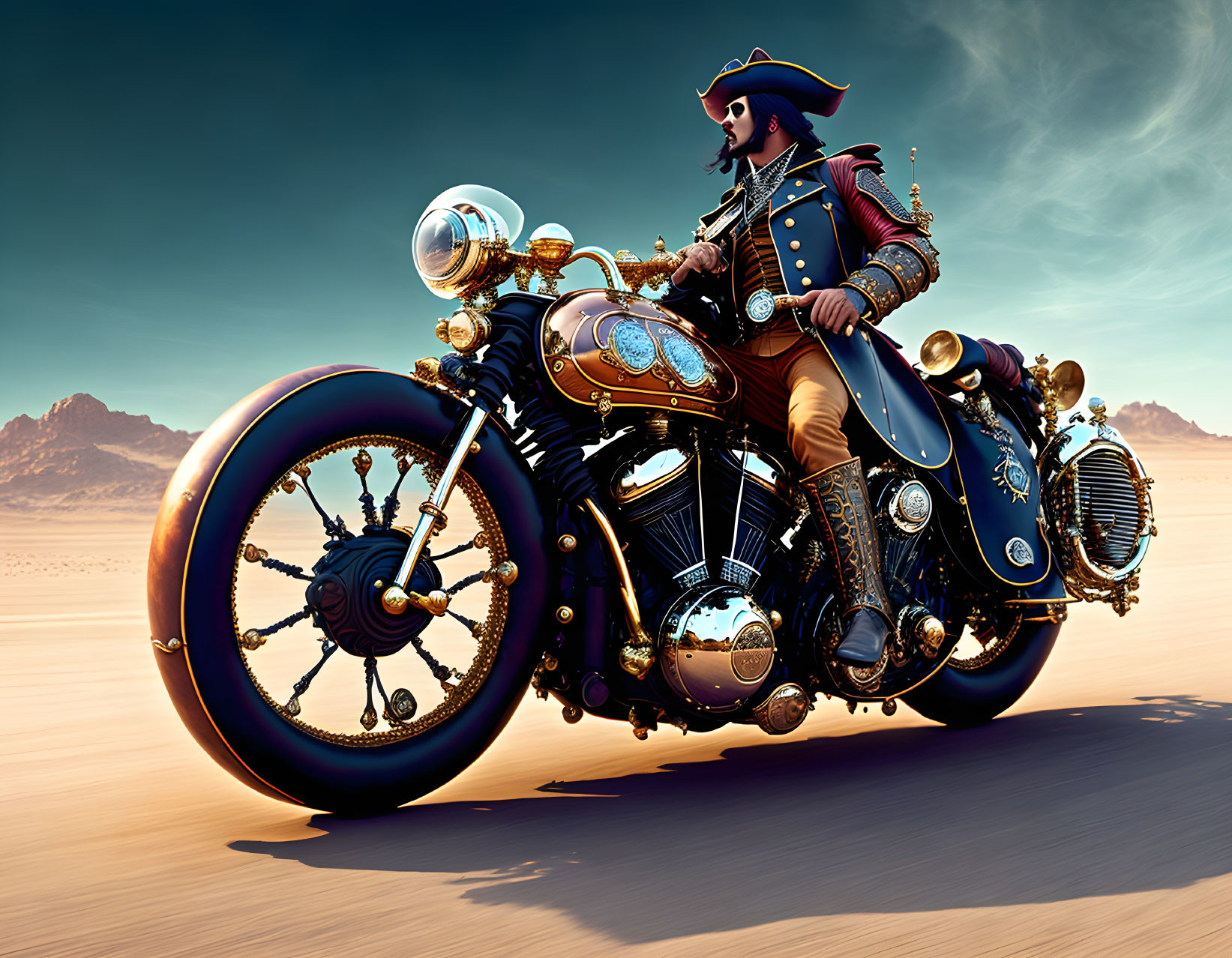 Historical naval officer in steampunk motorcycle on desert ride