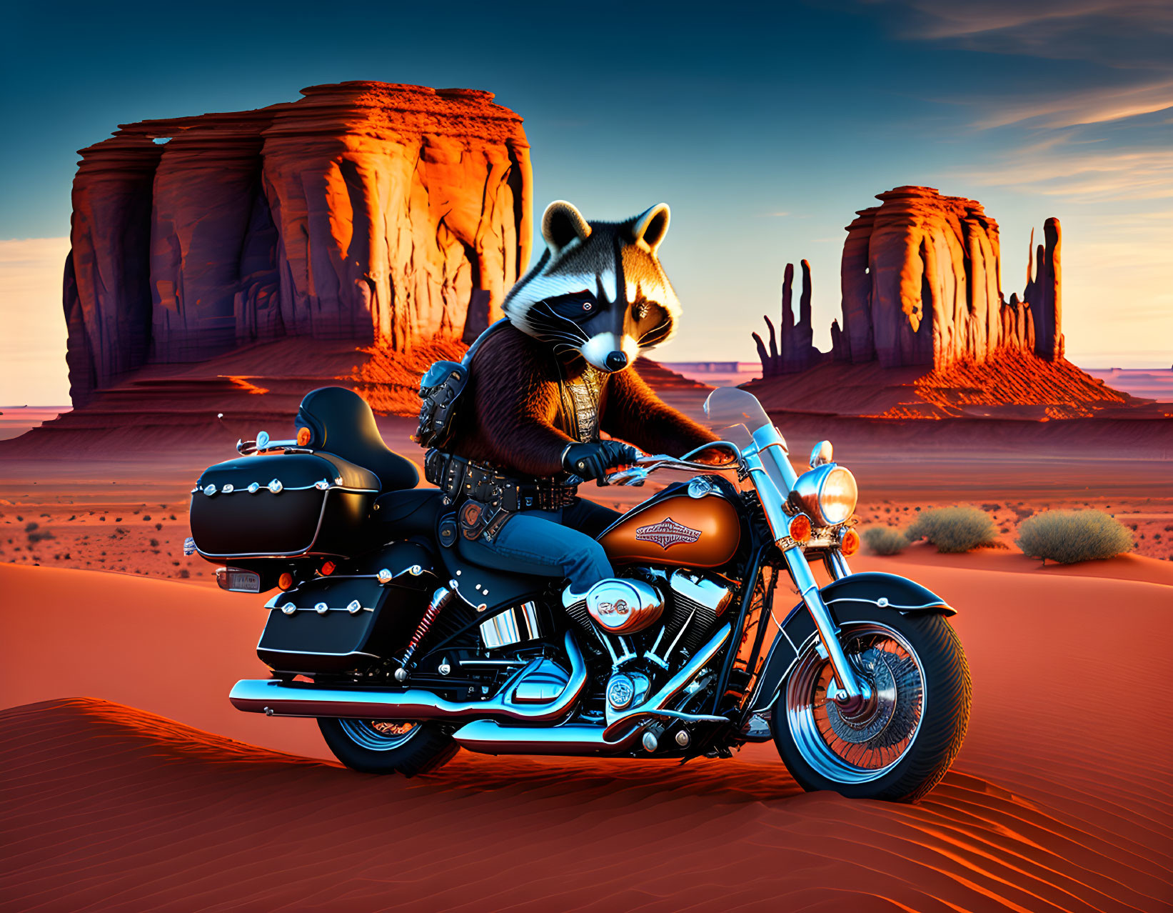 Anthropomorphic raccoon on motorcycle in desert with red rocks