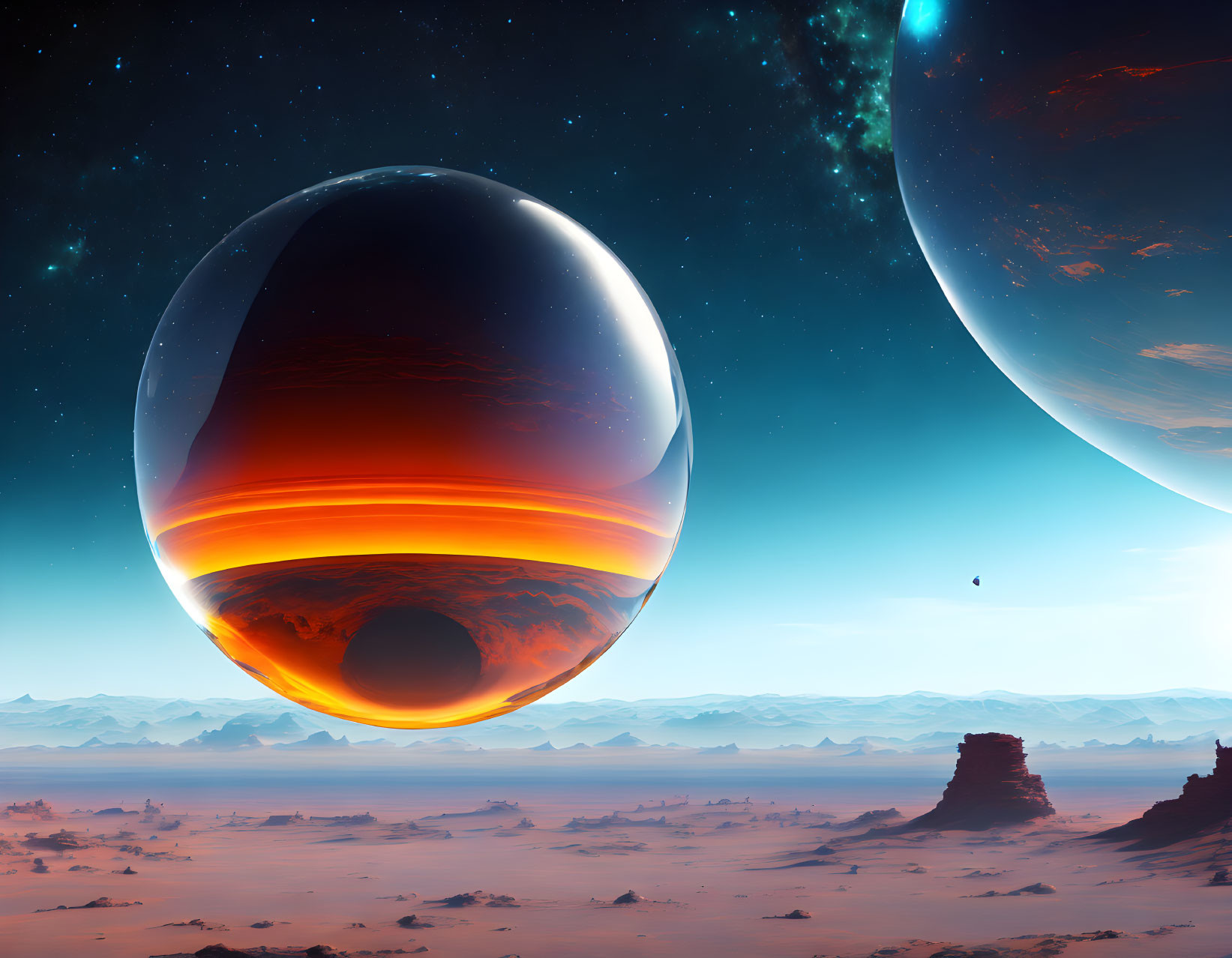 Surreal sci-fi landscape with vibrant skies and massive planets.