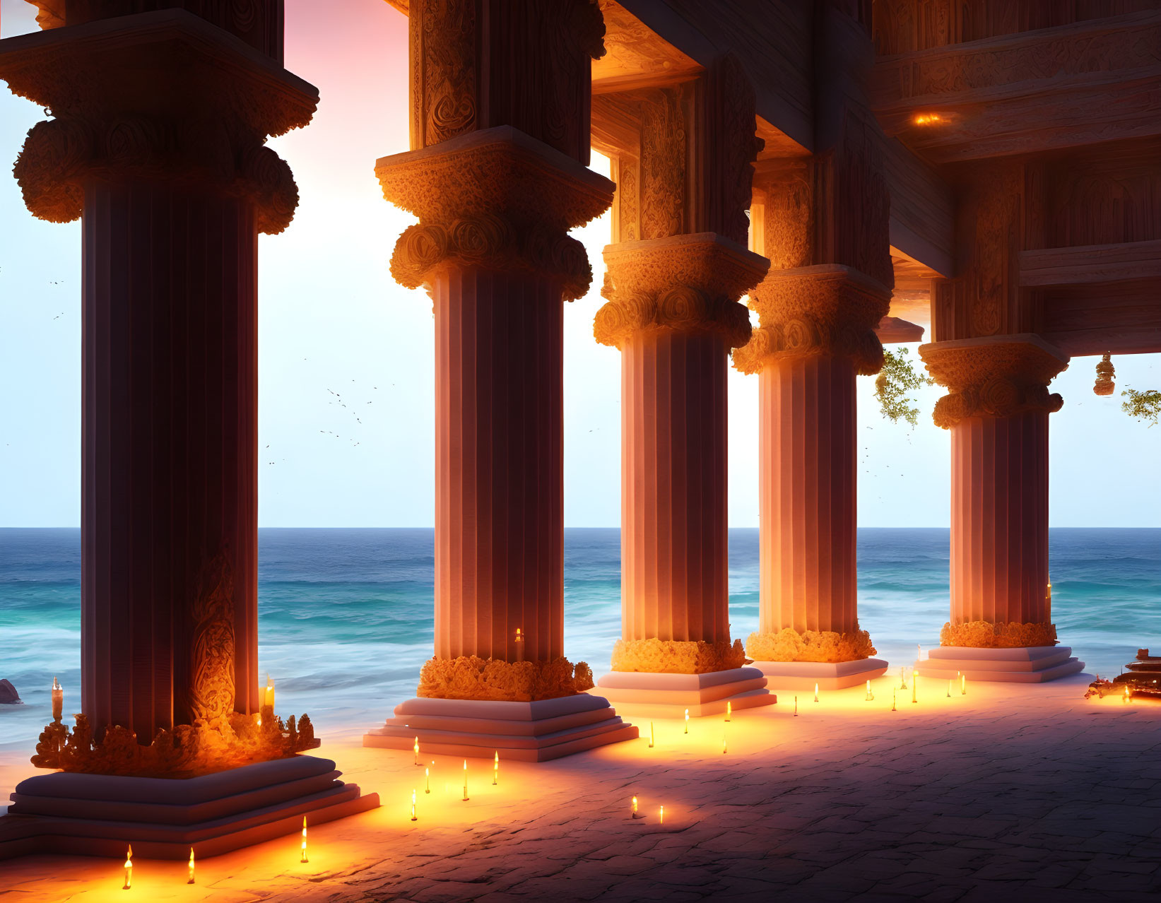 Oceanfront ancient temple with ornate columns and candlelit ambiance by serene sea