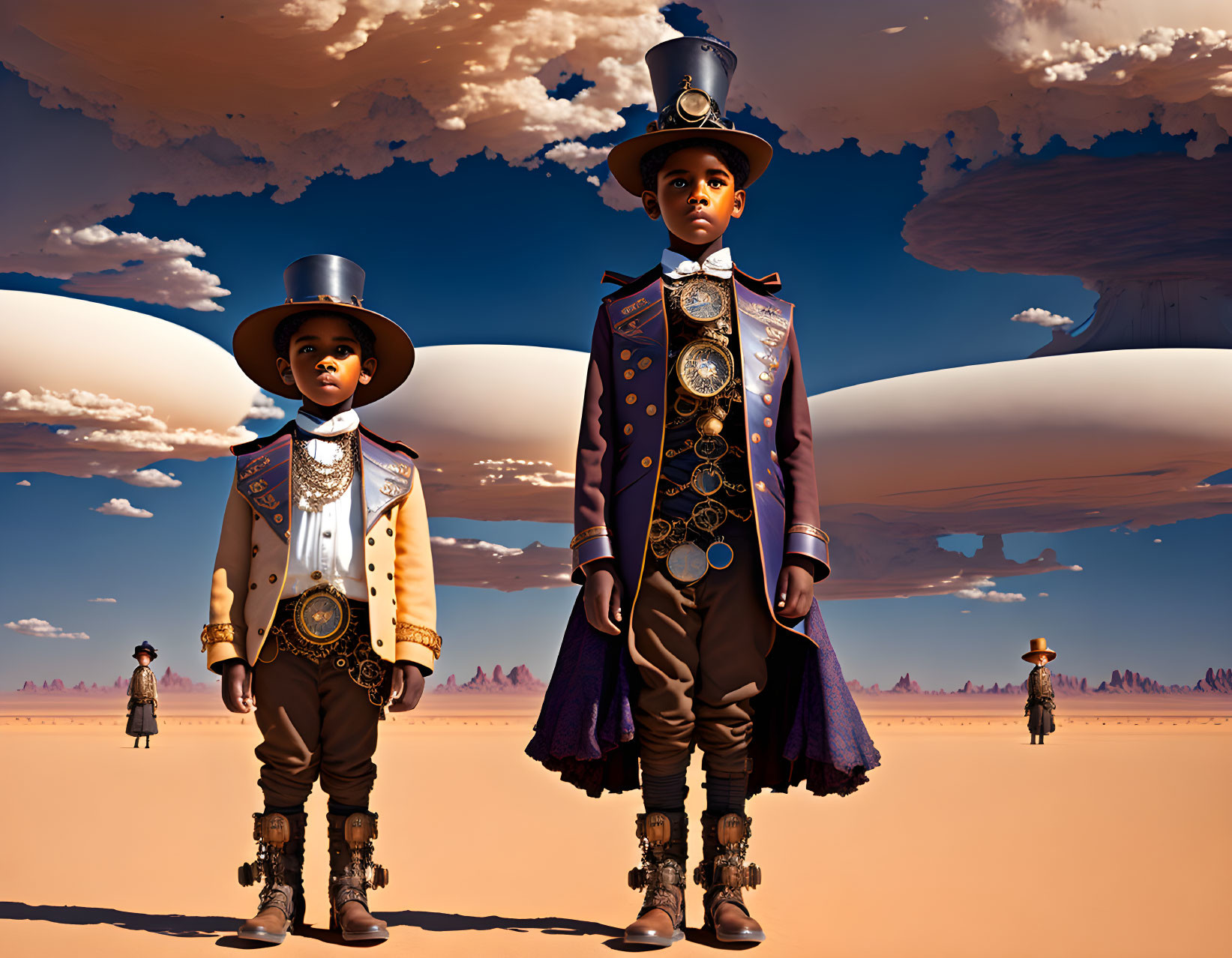 Stylized steampunk characters in desert setting with oversized gears.