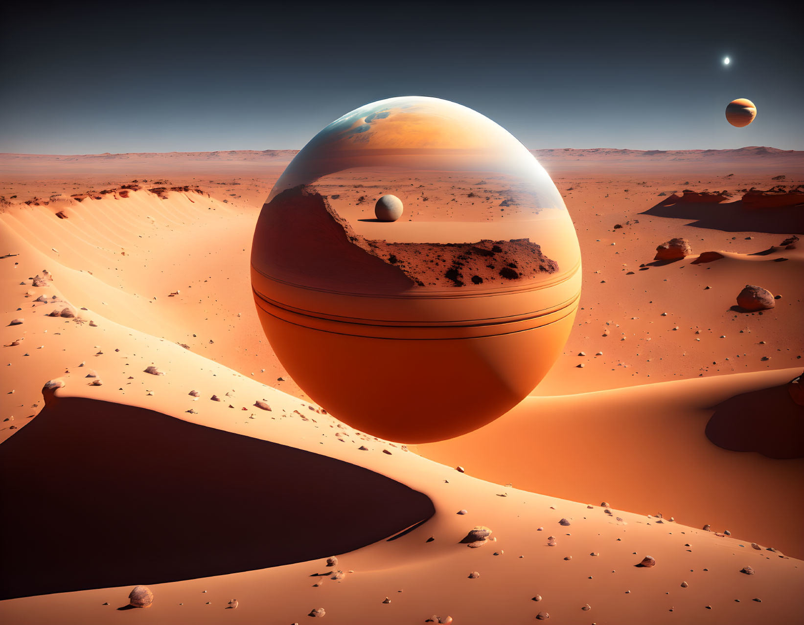 Surreal desert landscape with floating spheres and distant planet