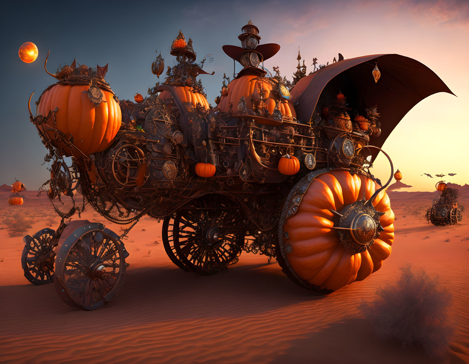 Intricate Metalwork Pumpkin Carriage in Desert Sunset