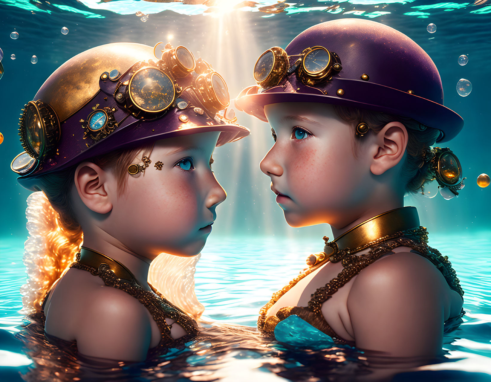 Children in steampunk helmets gaze underwater in warm light