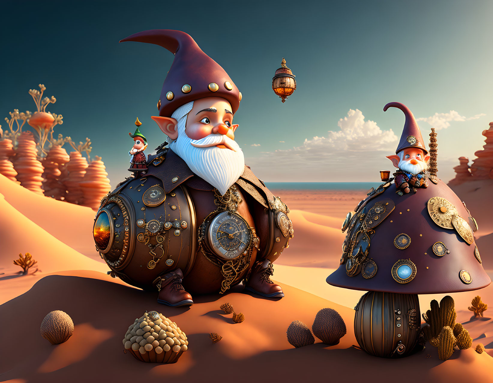 Steampunk-style gnomes with gears in desert landscape