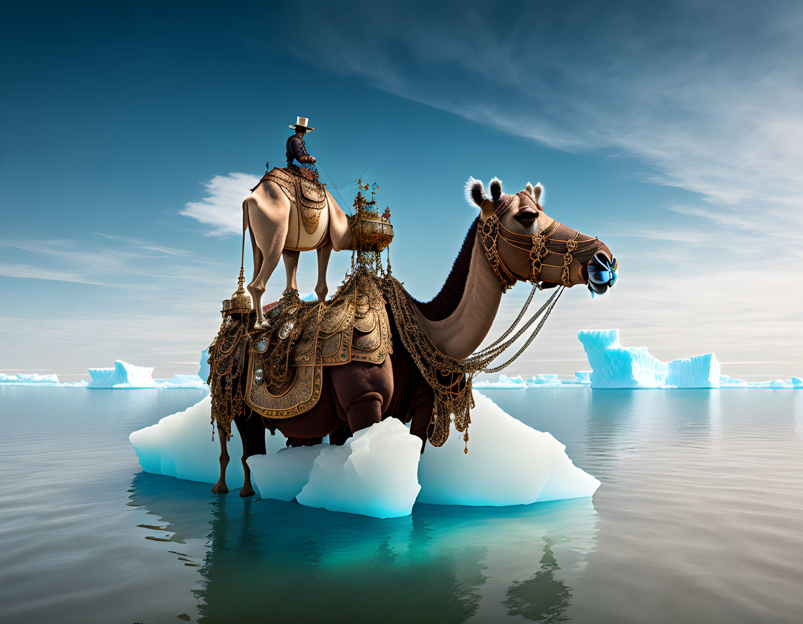 Camel in royal attire on iceberg in calm sea