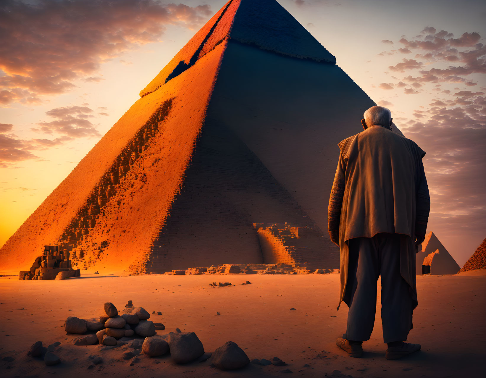 Elderly person at Great Pyramid of Giza at sunset