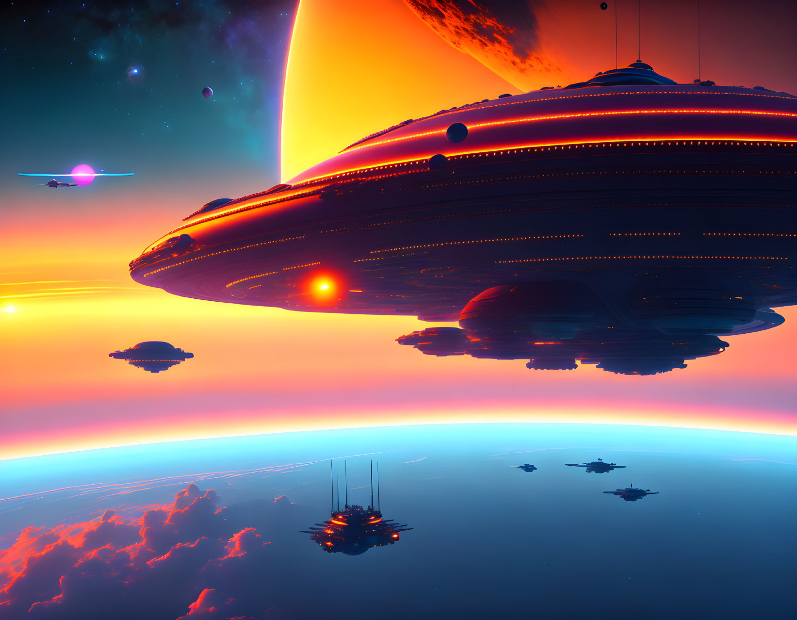 Colorful sci-fi scene with flying saucers, star, ships, planet, space, and