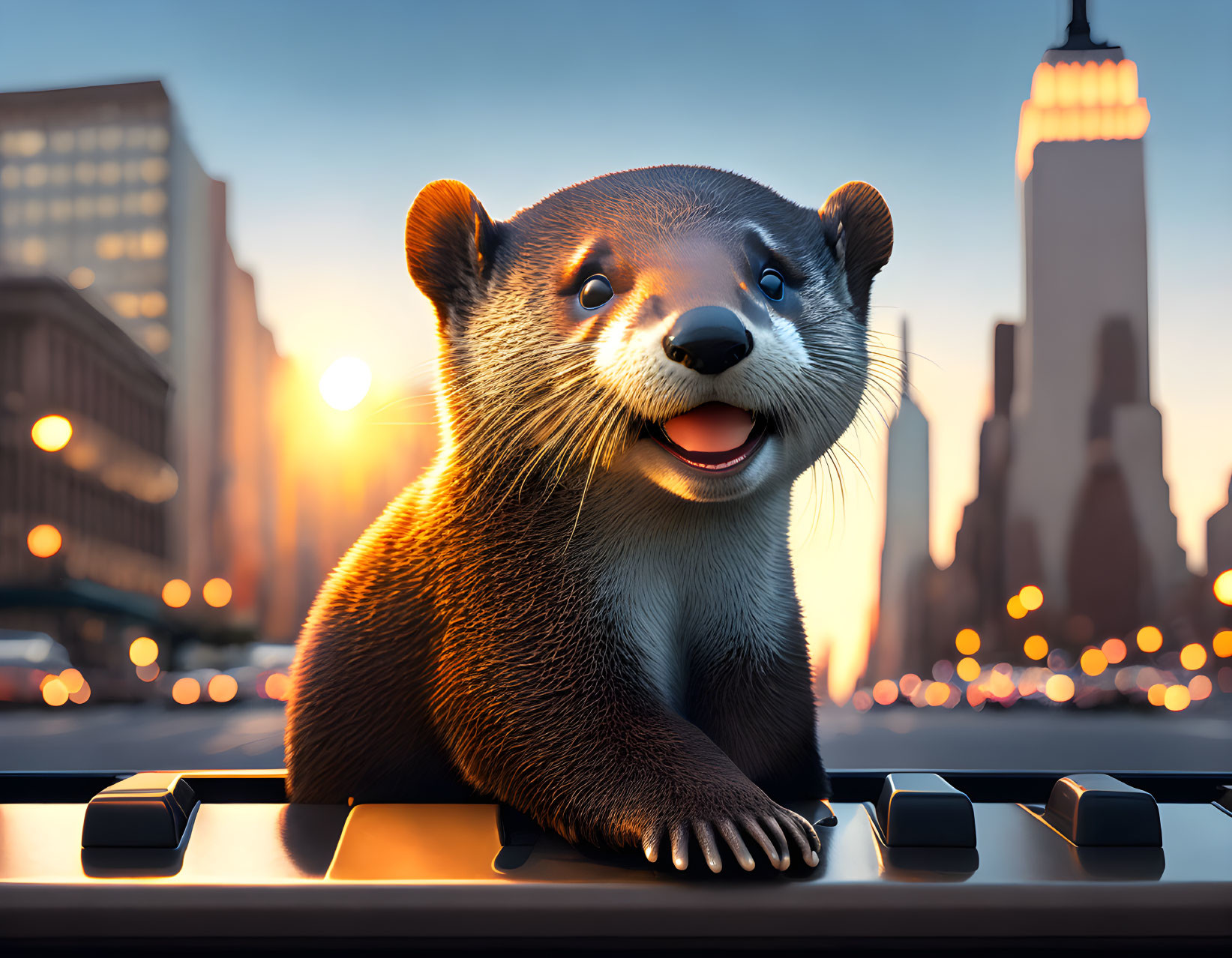 Animated otter playing piano on city bridge at sunset