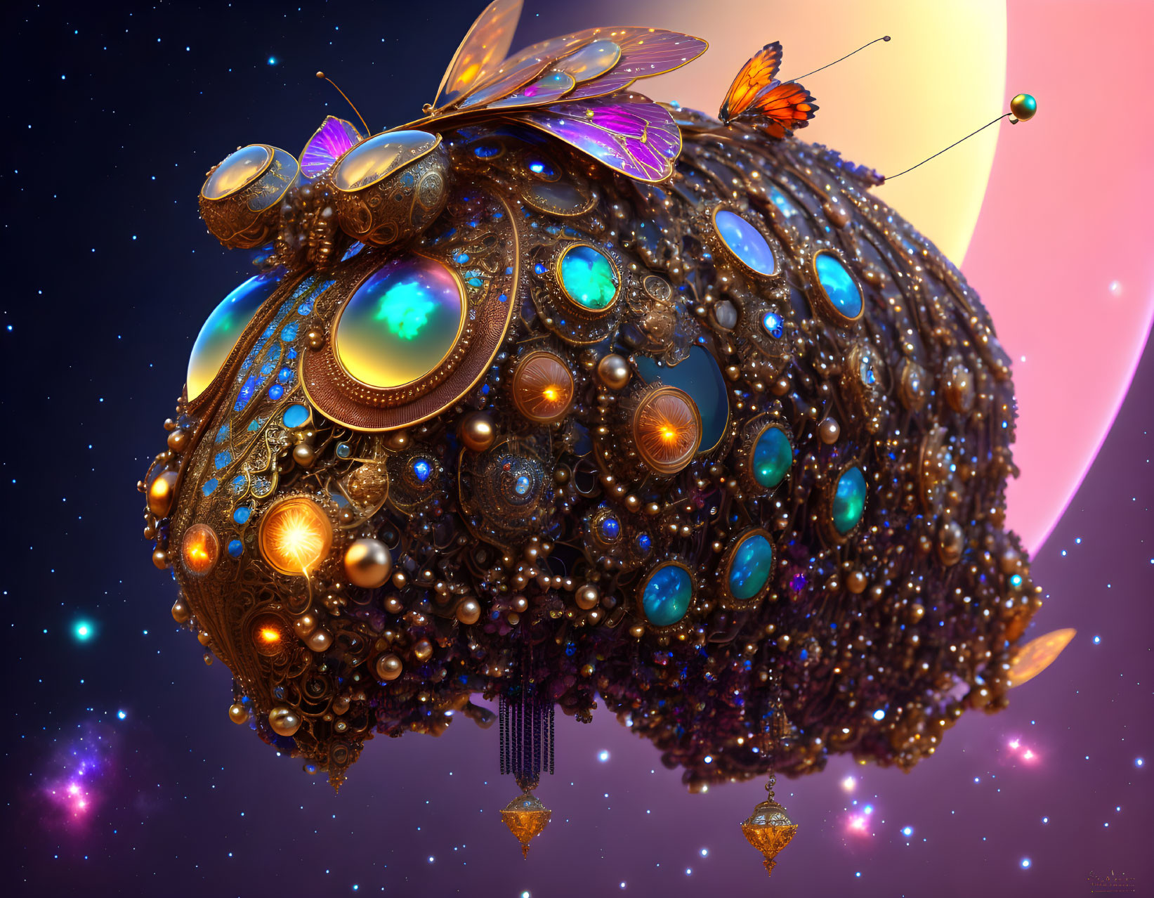 Intricate digitally-created bumblebee with iridescent wings in cosmic setting