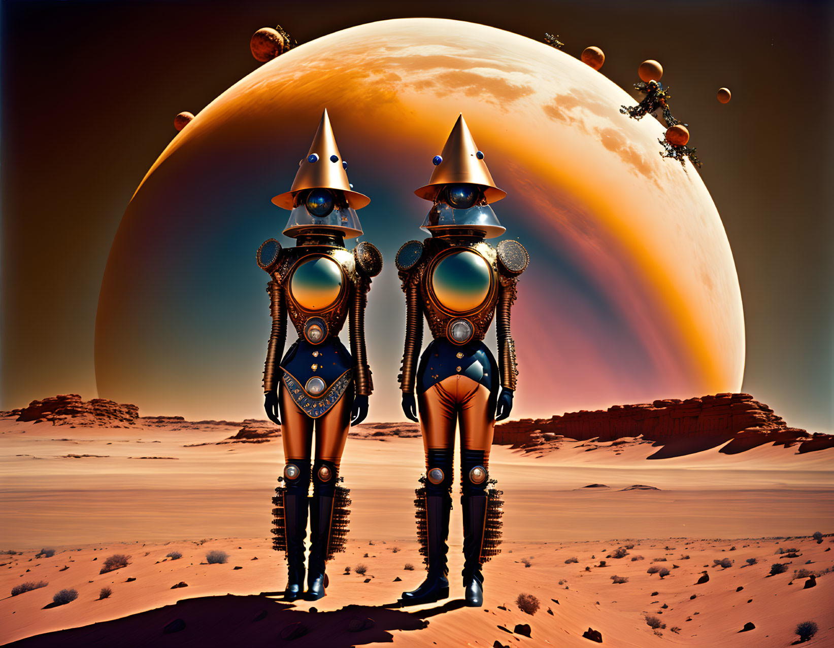 Futuristic robots on desert planet with orange moon