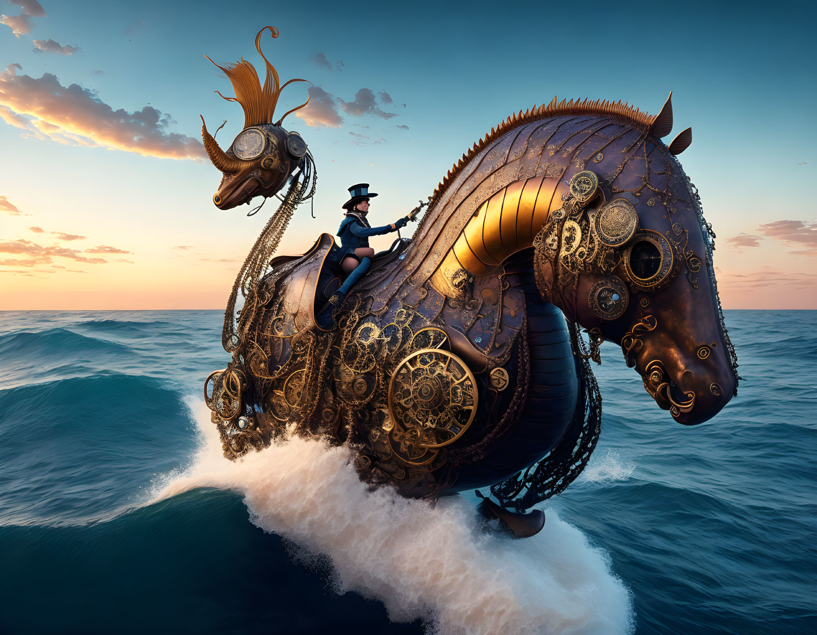 Steampunk design: Person on mechanical seahorse at sunset