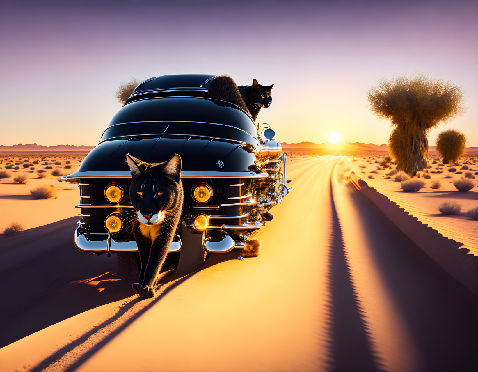 Vintage car with cats driving in desert at sunset