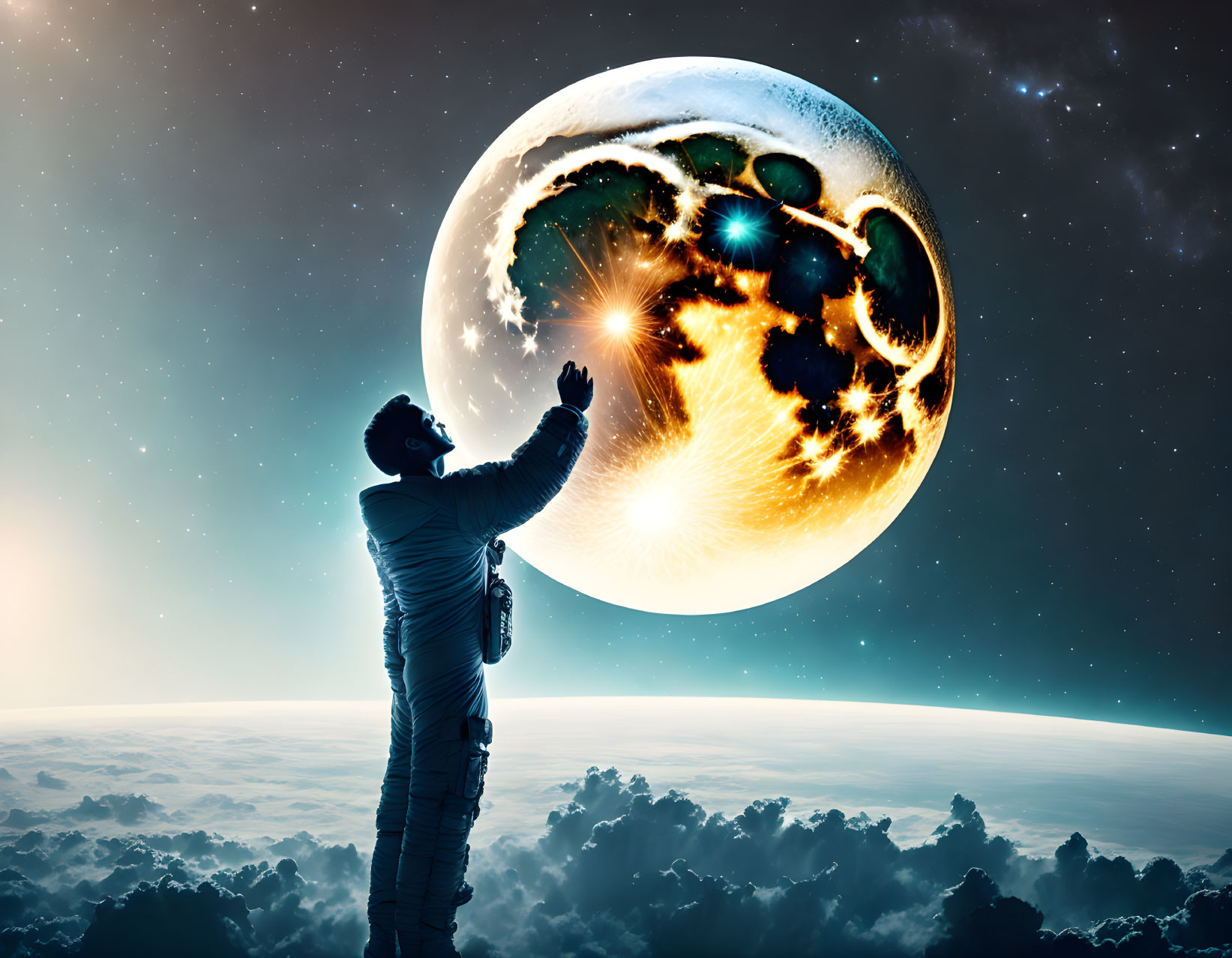 Astronaut Reaching Large Fantastical Planet in Starry Sky