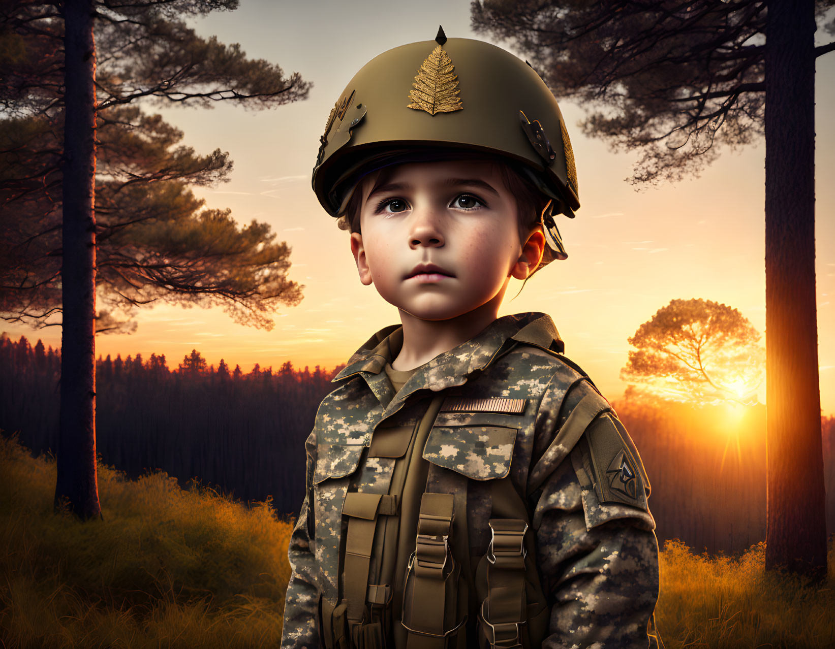 Child in military attire standing in forest at sunset symbolizes seriousness and innocence