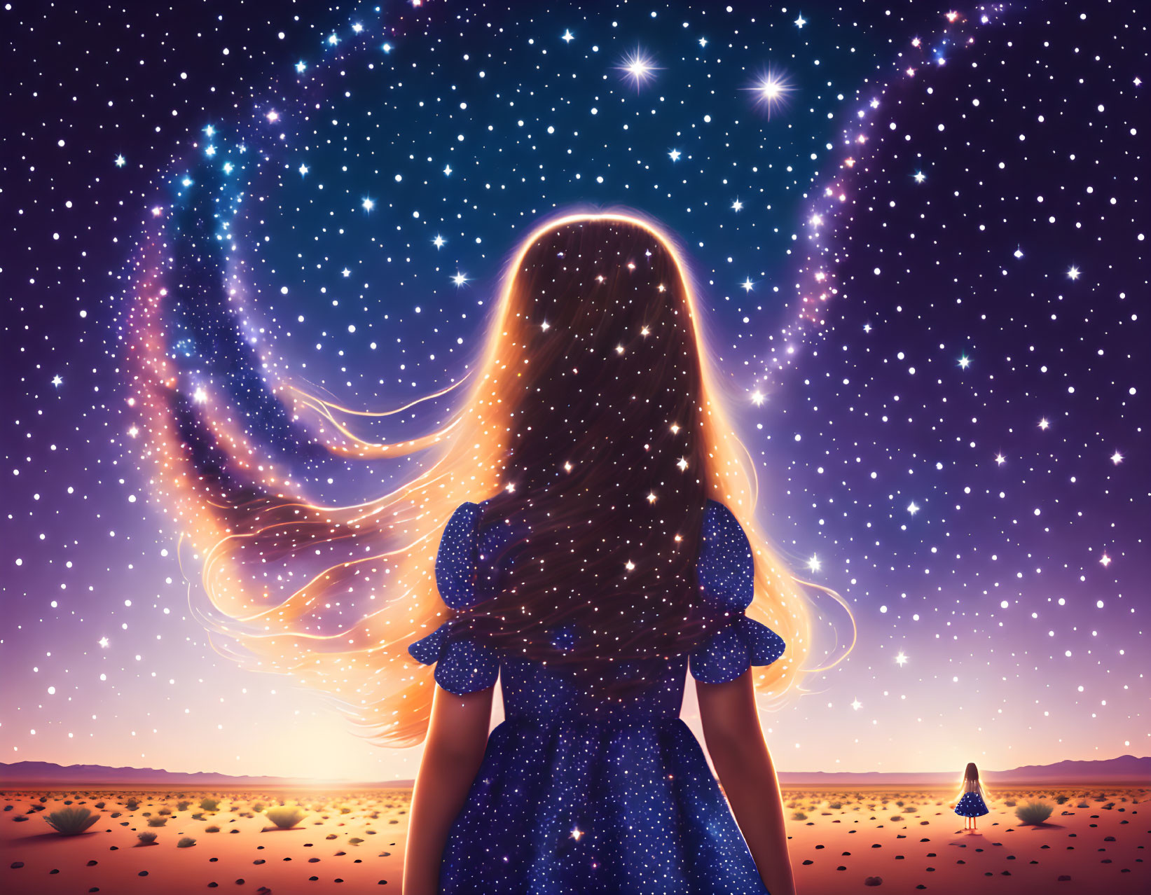 Girl in Blue Dress Stargazing in Desert Landscape