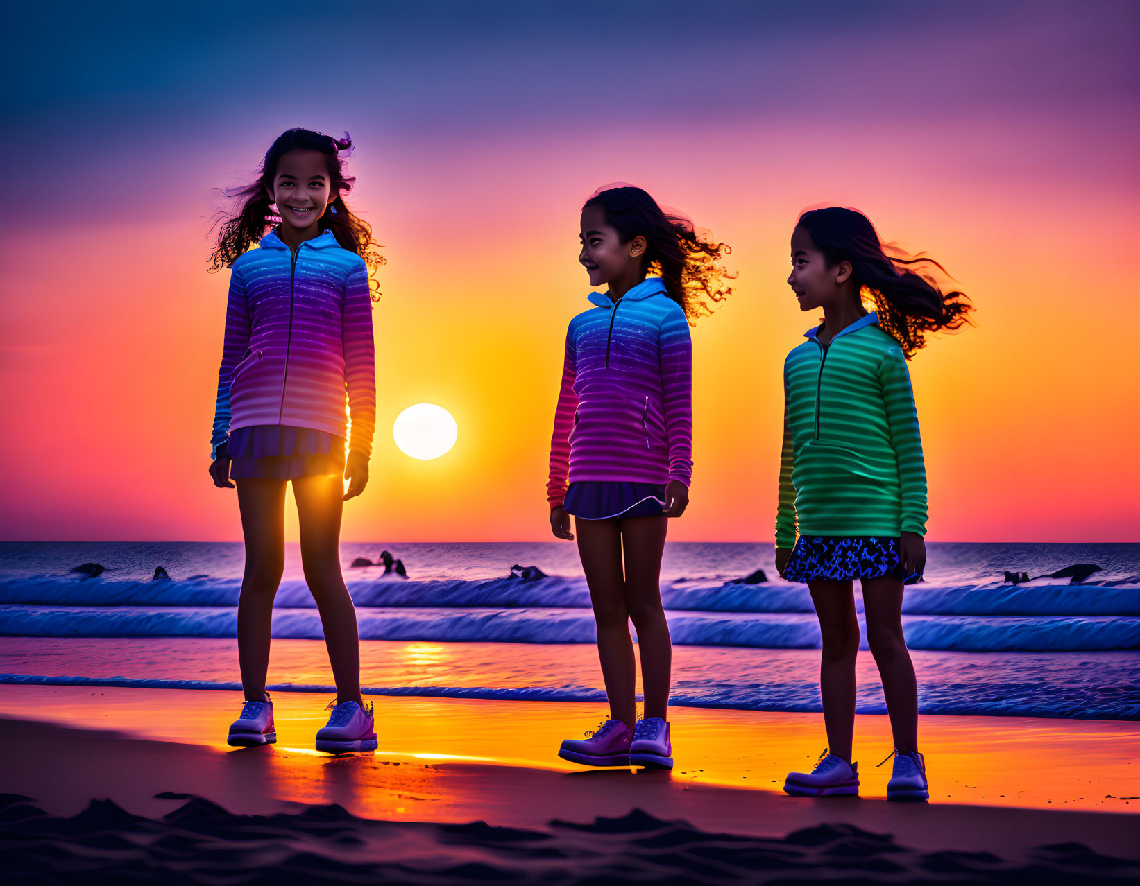 Three girls silhouetted on beach at sunset with colorful sky reflections.