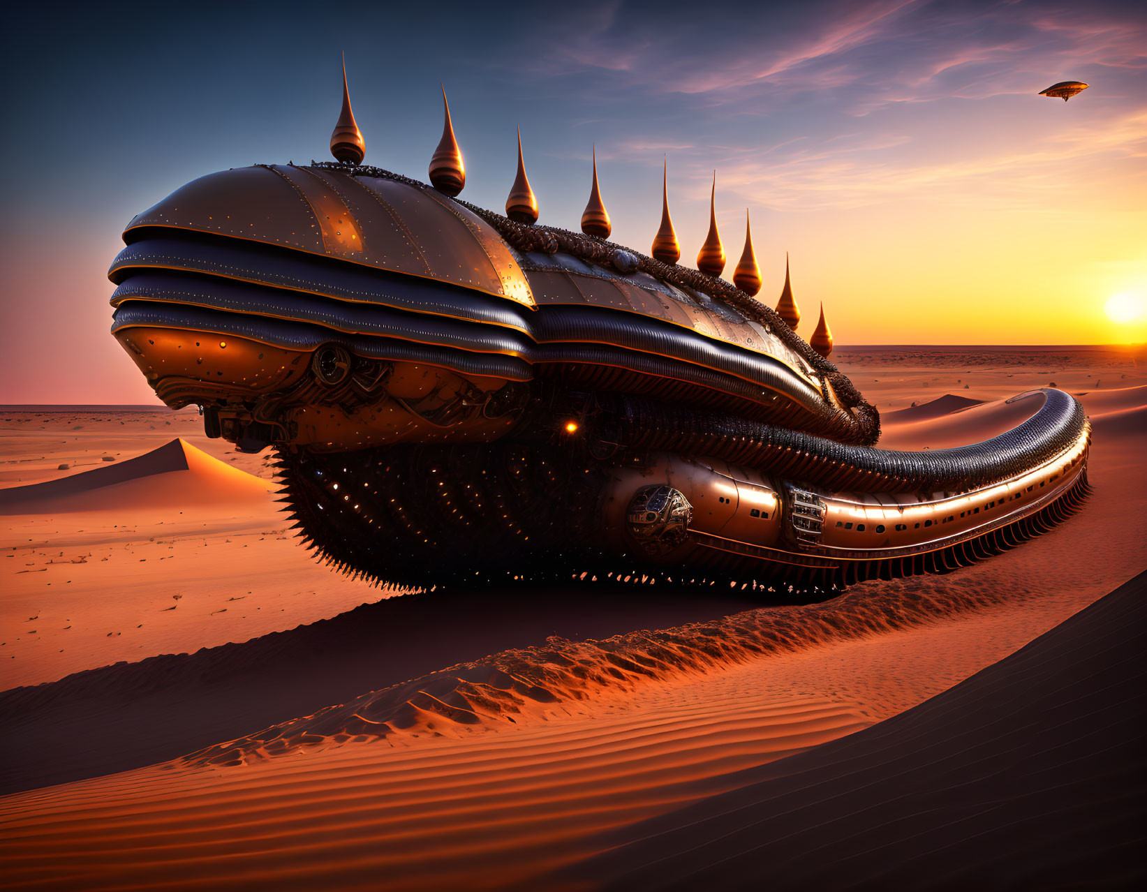 Whale-shaped airship on desert dune at sunset