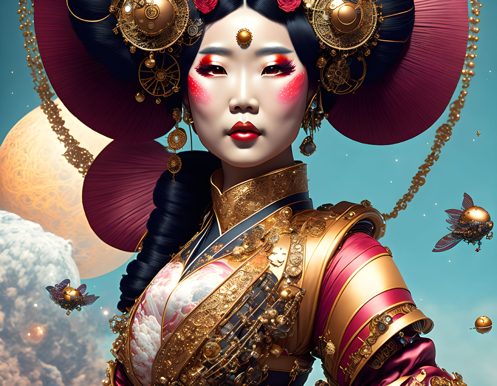 Detailed illustration of woman in Asian attire with futuristic armor on celestial background.