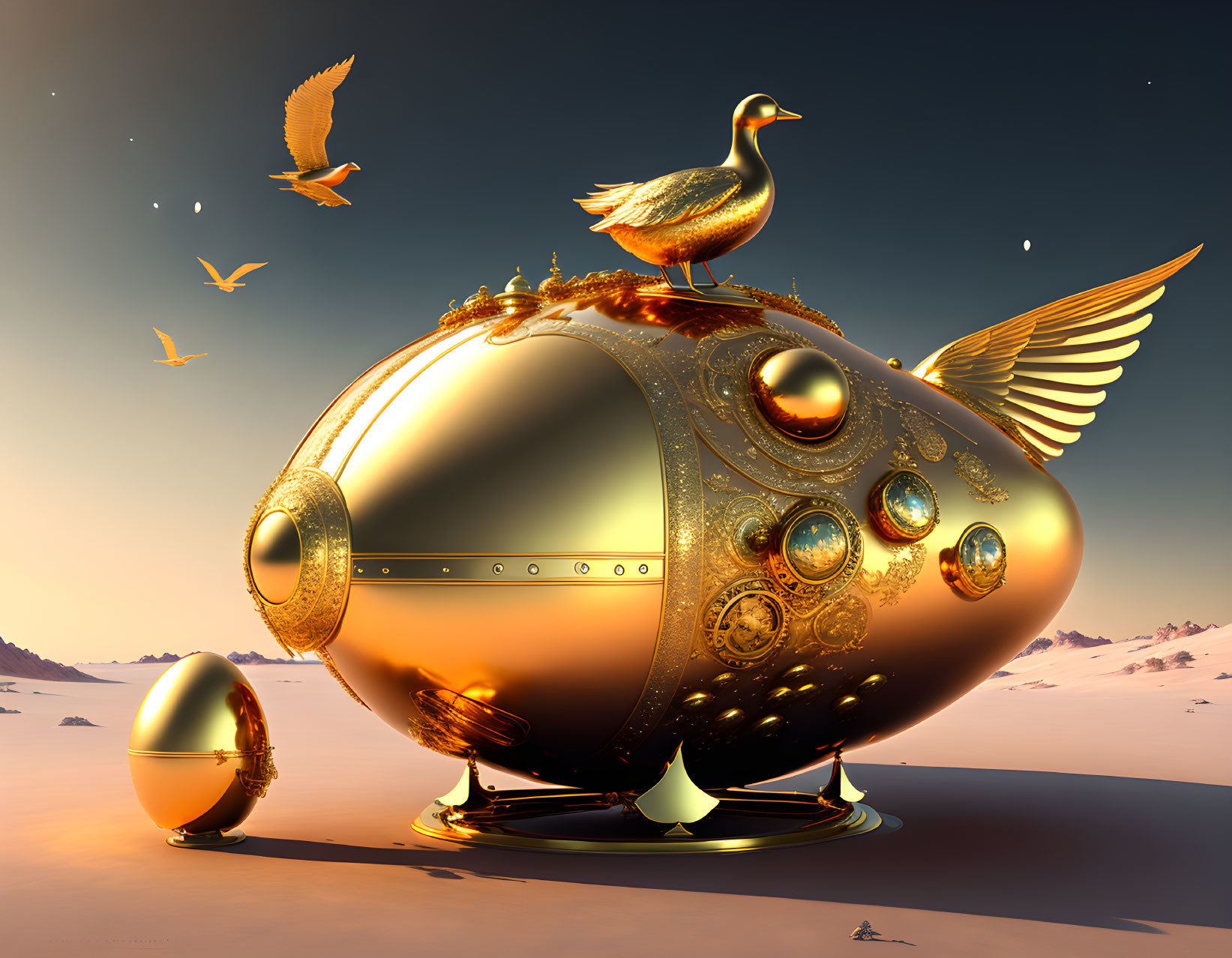 Golden steampunk duck airship in desert landscape with birds