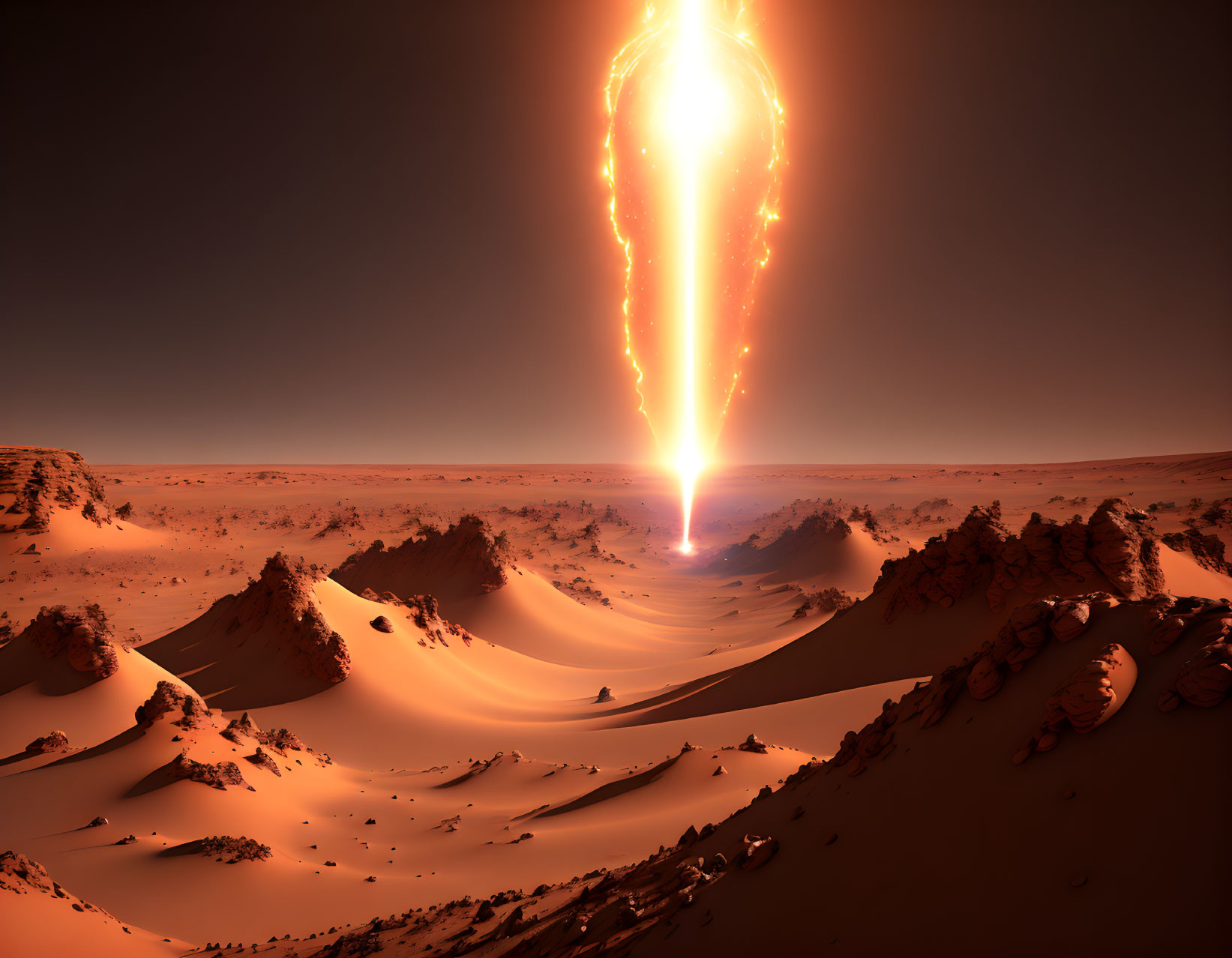 Fiery meteor streaking over Mars-like desert landscape