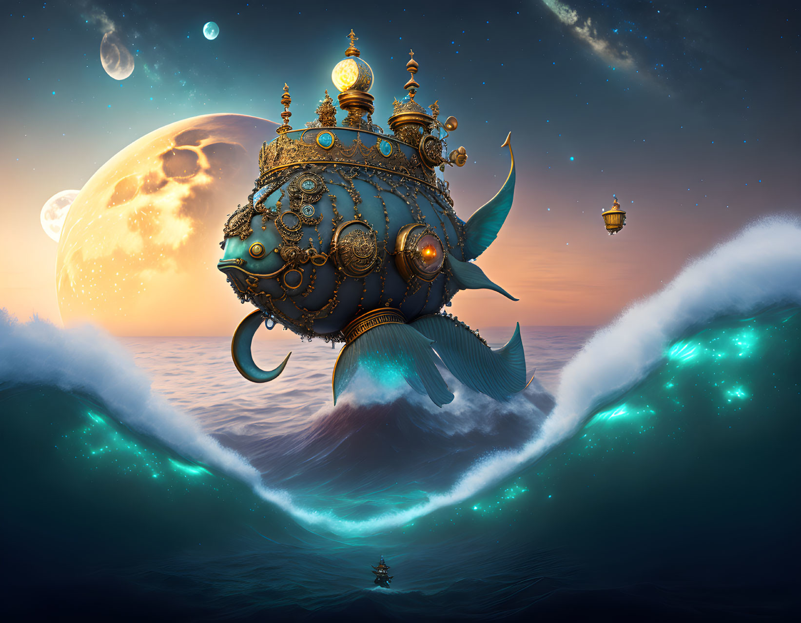 Ornate fish-like submarine under starry sky