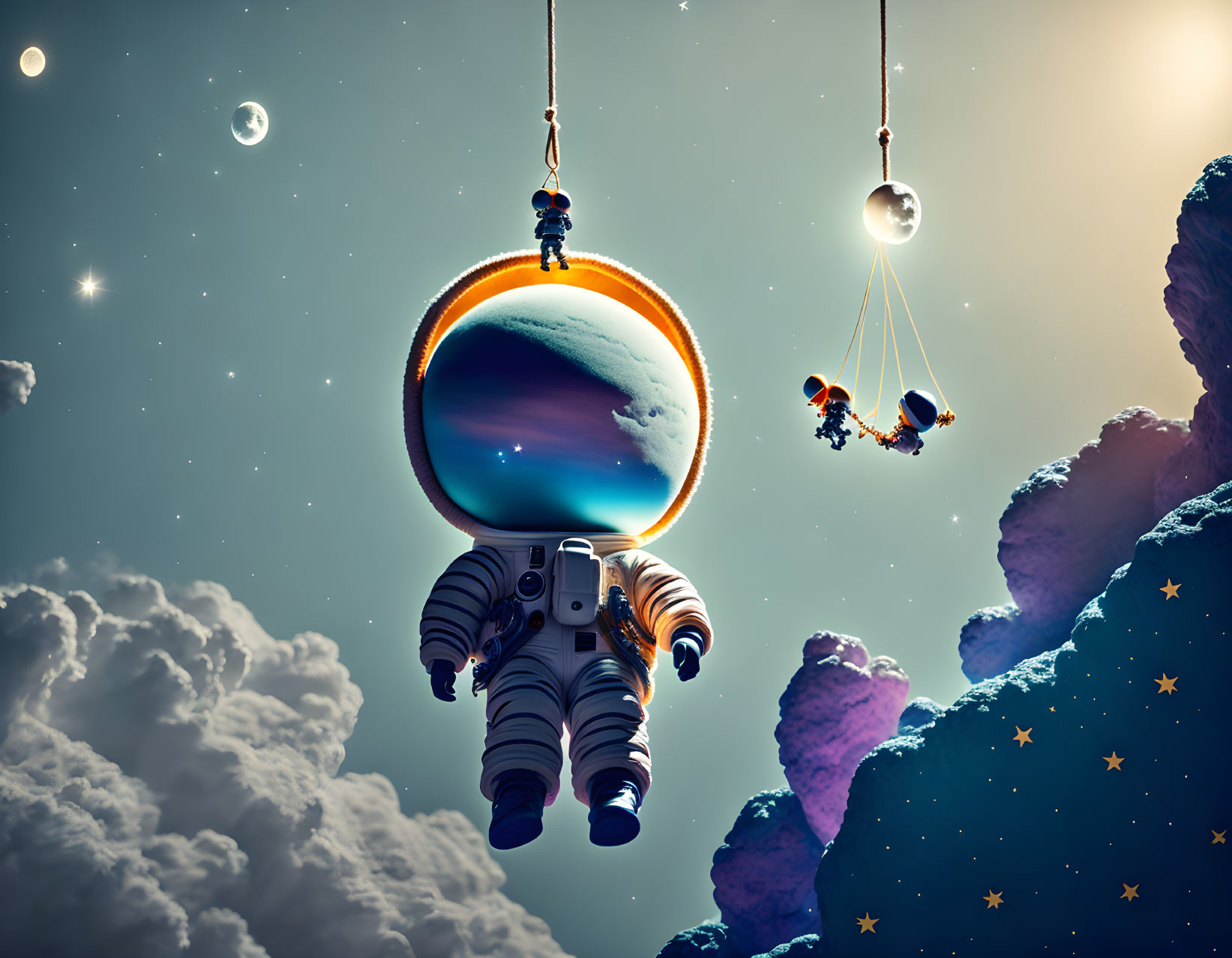 Astronaut floating near celestial bodies with surreal giant helmeted head and children on swings.