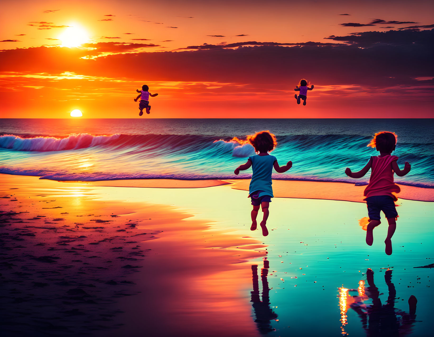 Children's silhouettes running towards ocean at sunset