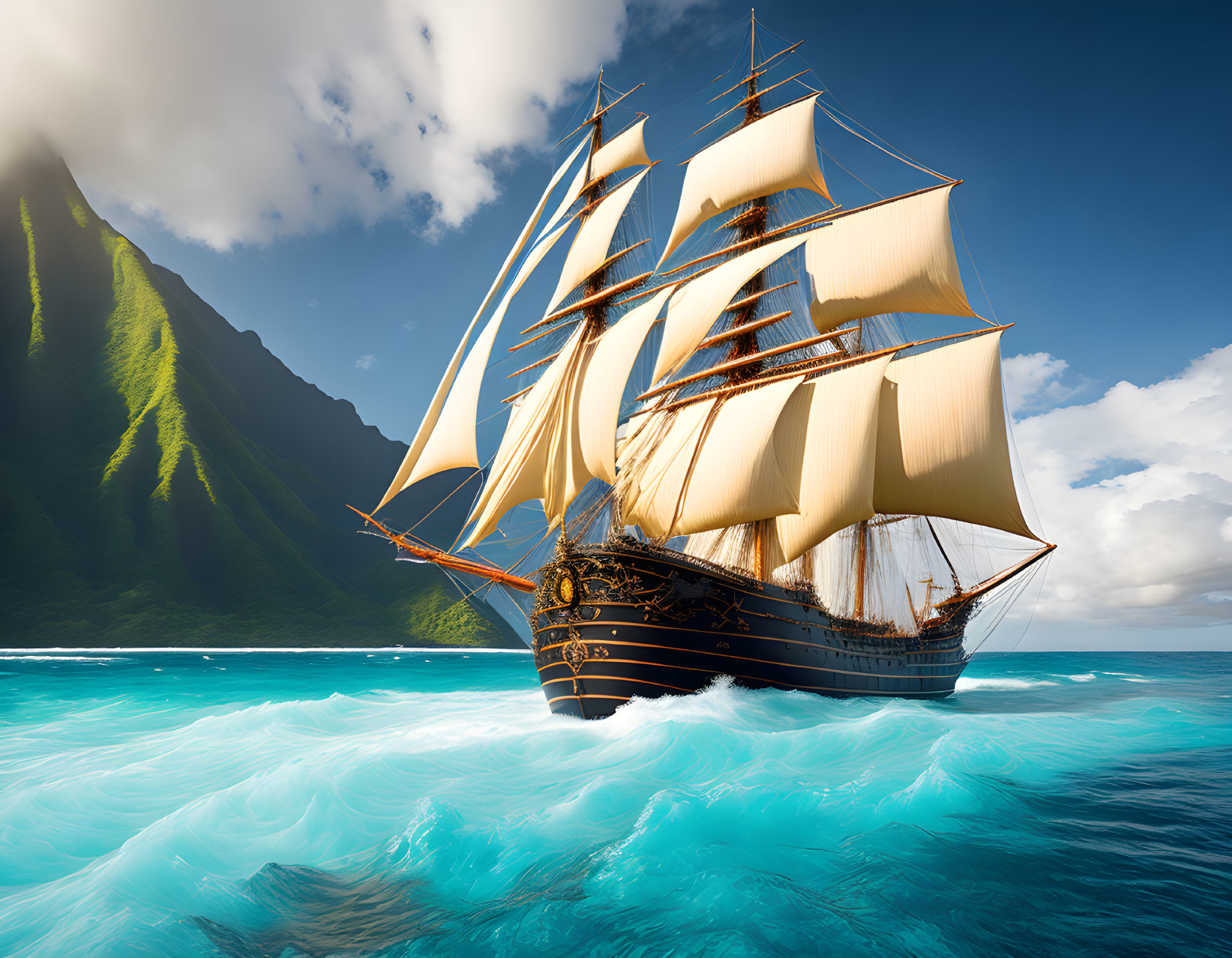 Tall ship with full sails near turquoise sea and green mountains