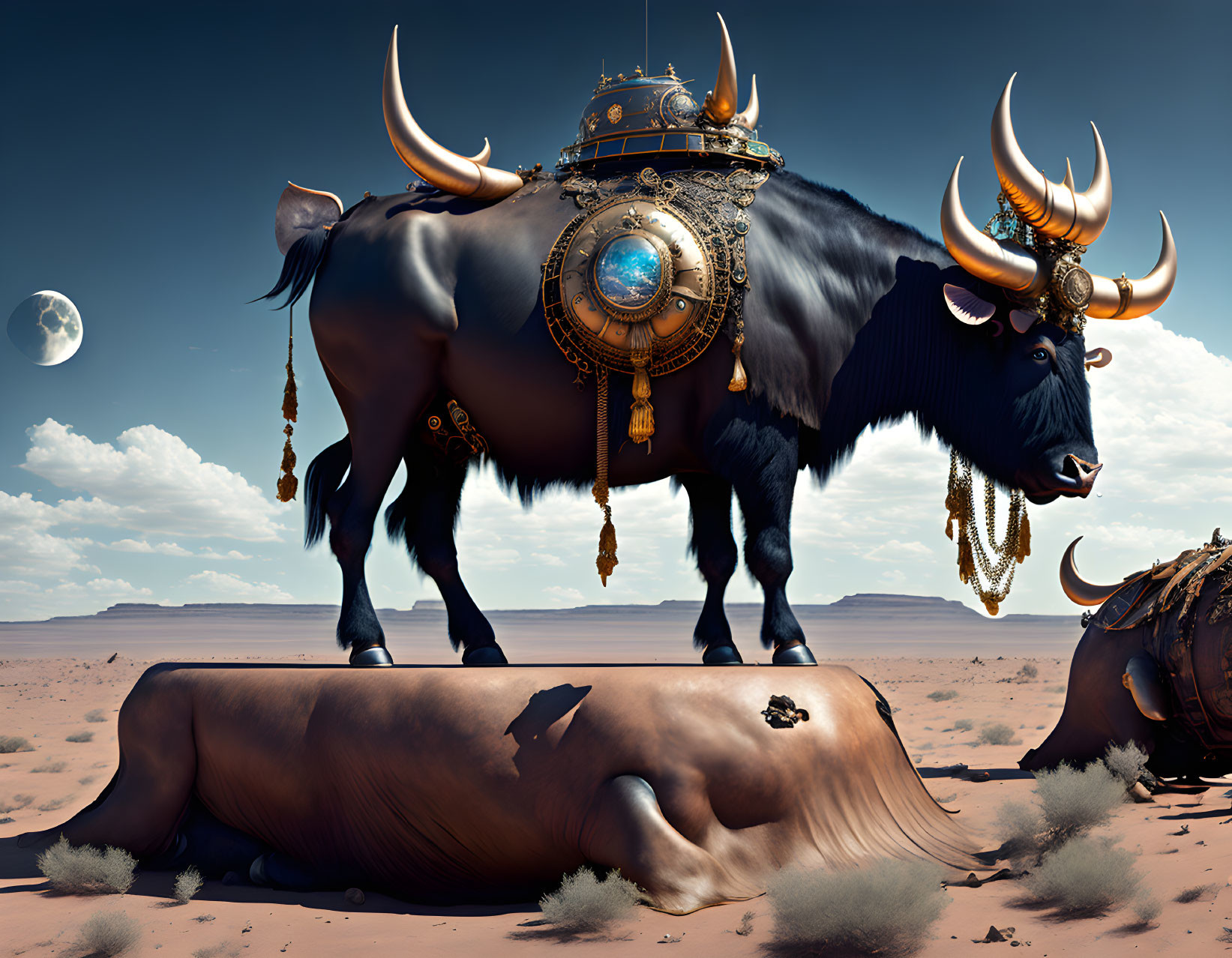 Majestic bull with ornate structure in desert landscape