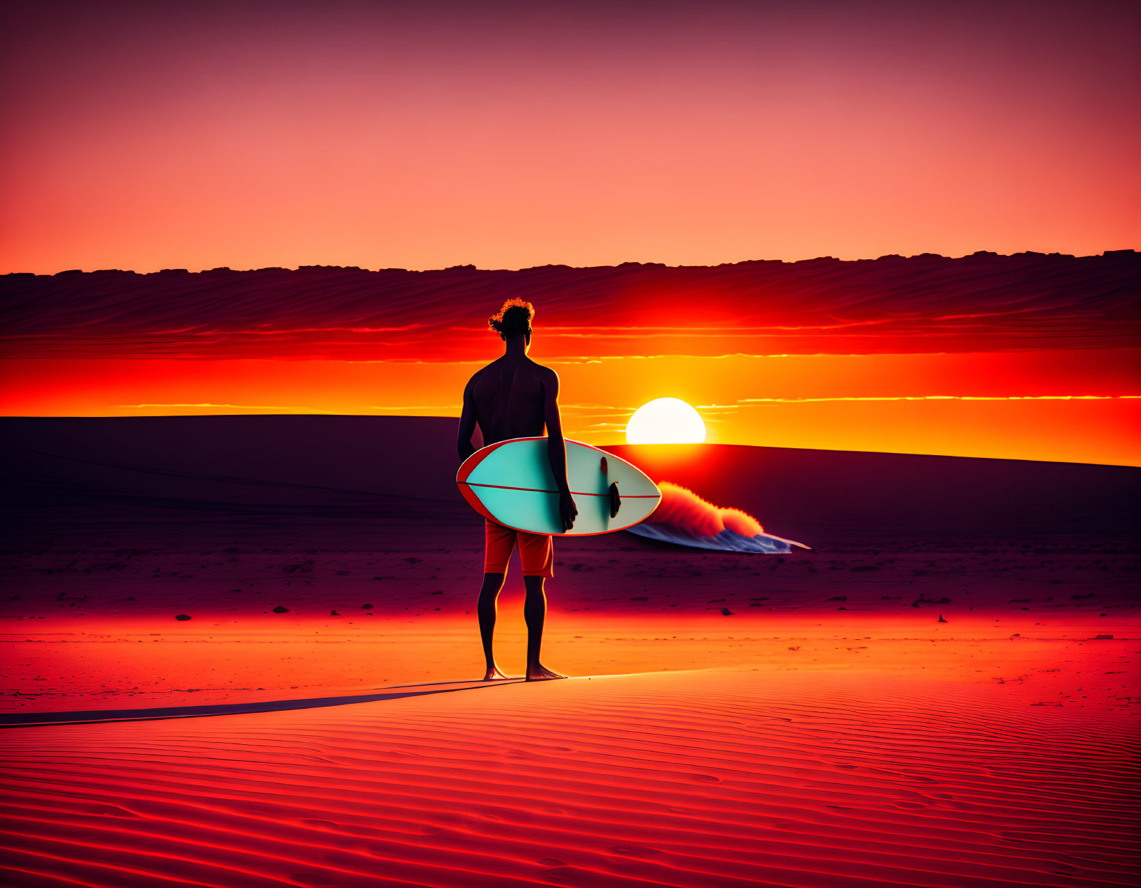 Person with surfboard in desert sunset with red and orange hues