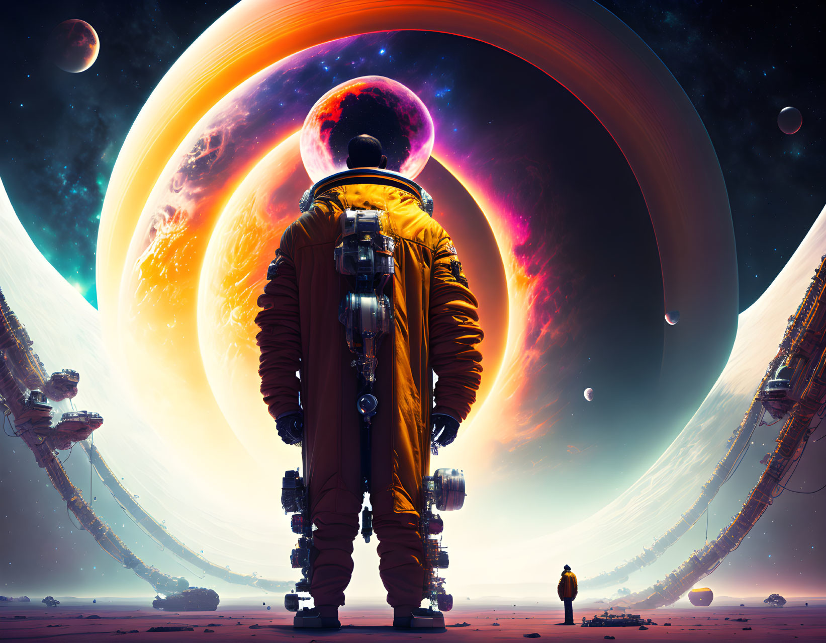 Astronaut in bulky suit on alien landscape with vibrant cosmic horizon.