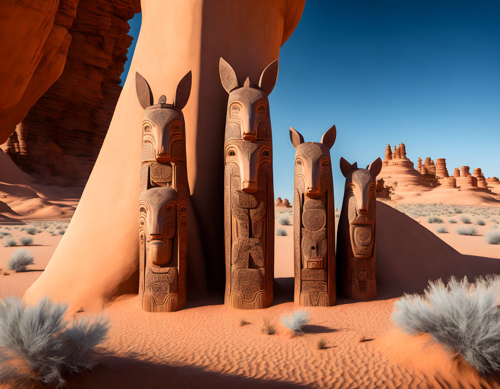 Wooden totem poles with animal carvings in desert landscape