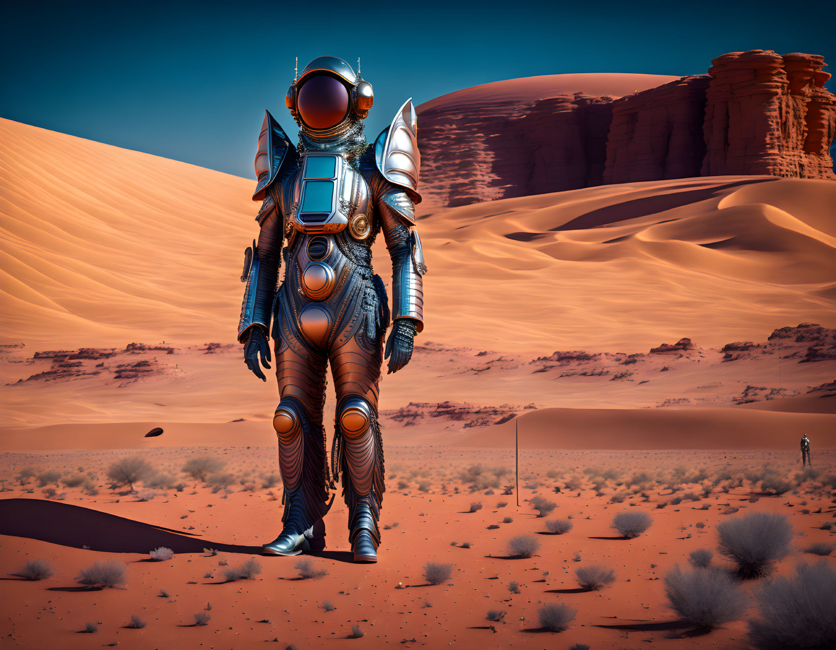 Futuristic astronaut on red alien planet with blue sky