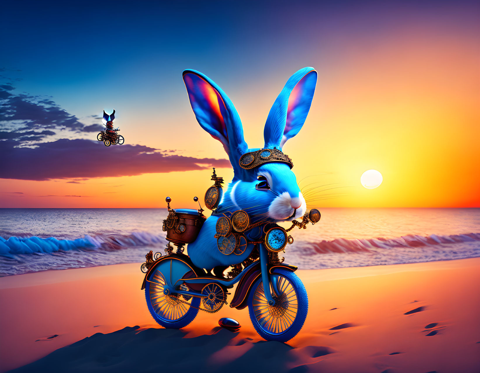 Mechanical rabbit on steampunk bicycle by the beach at sunset