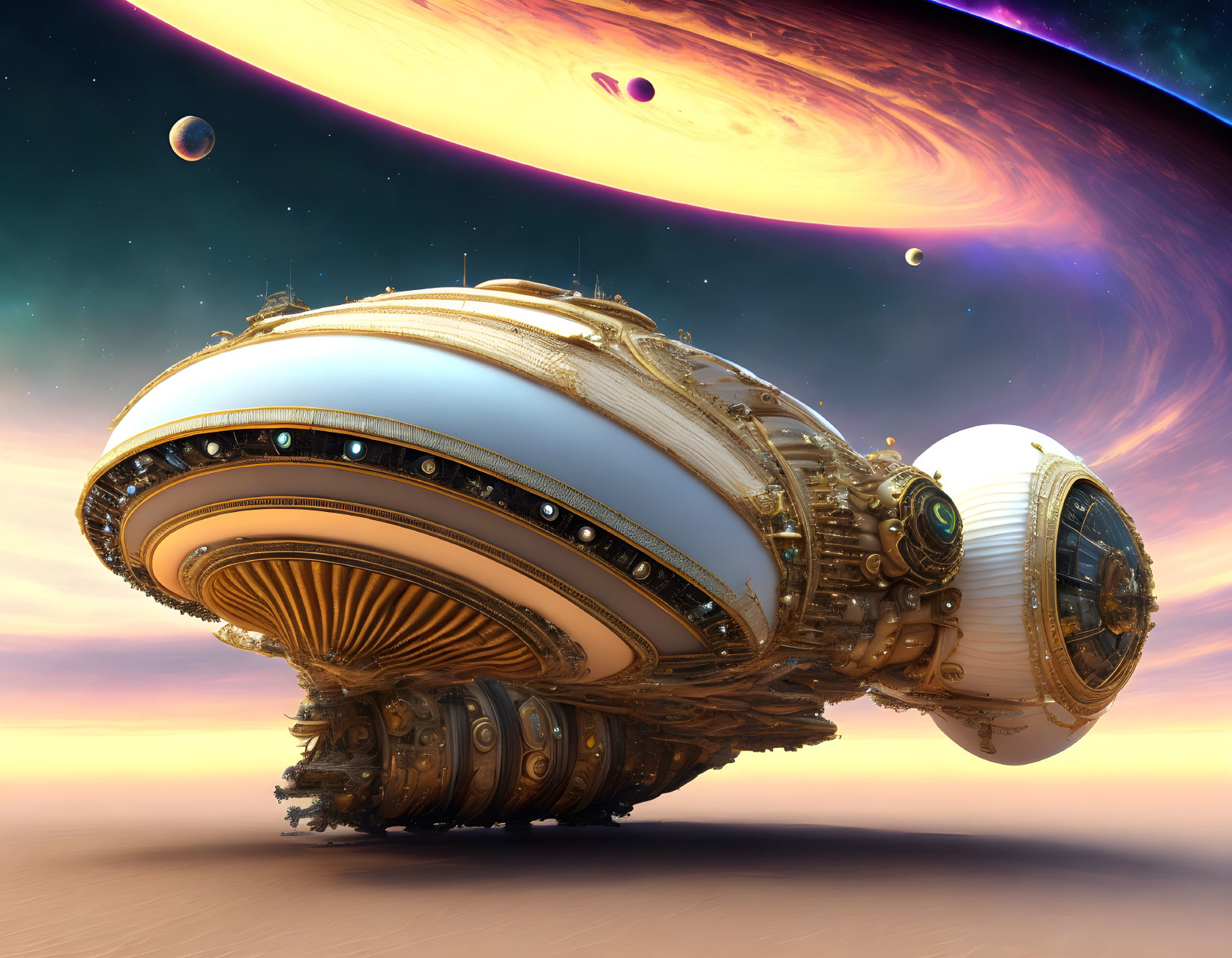 Intricate gold and white futuristic spaceship over surreal desert landscape