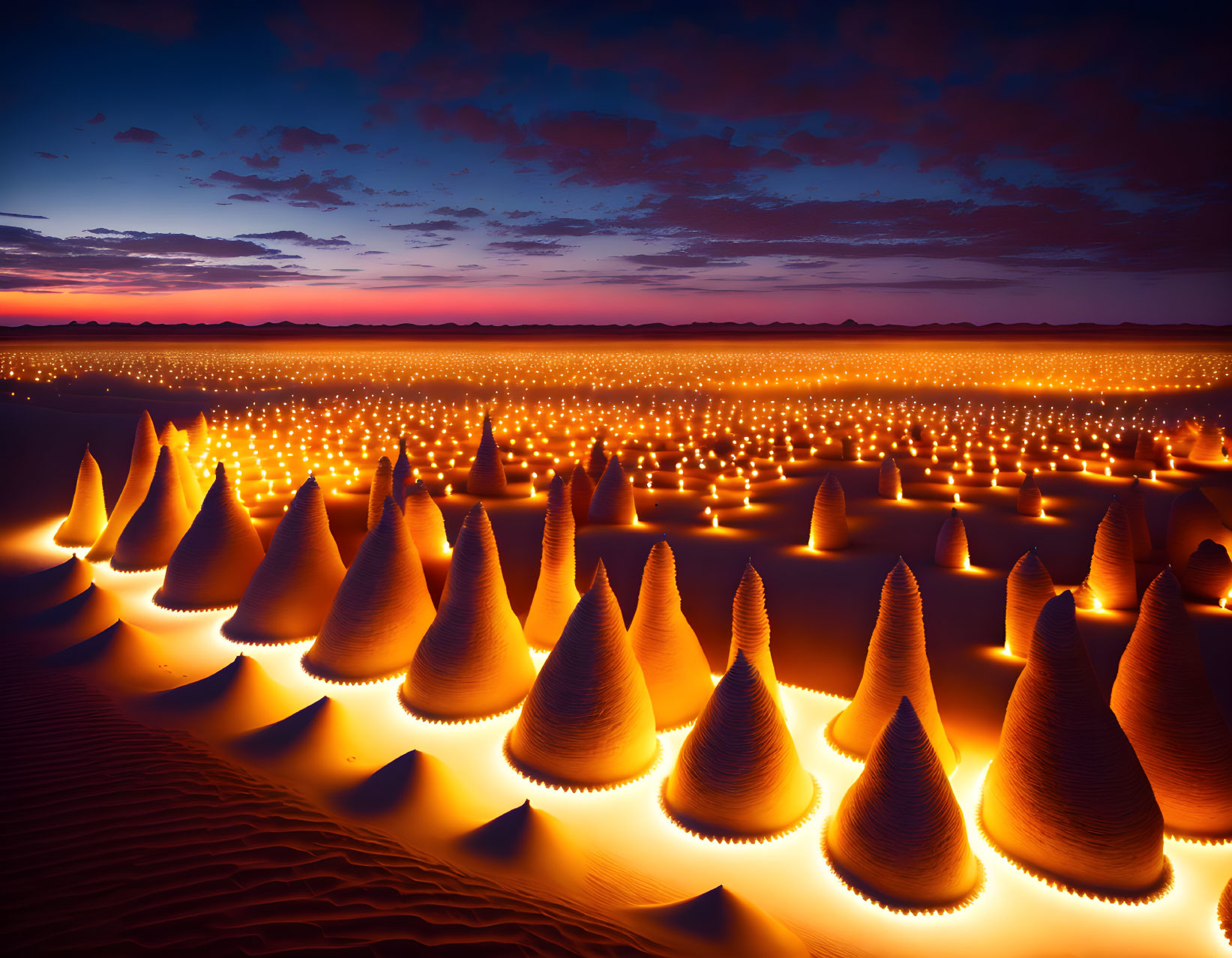 Desert landscape with glowing cone-shaped installations at dusk