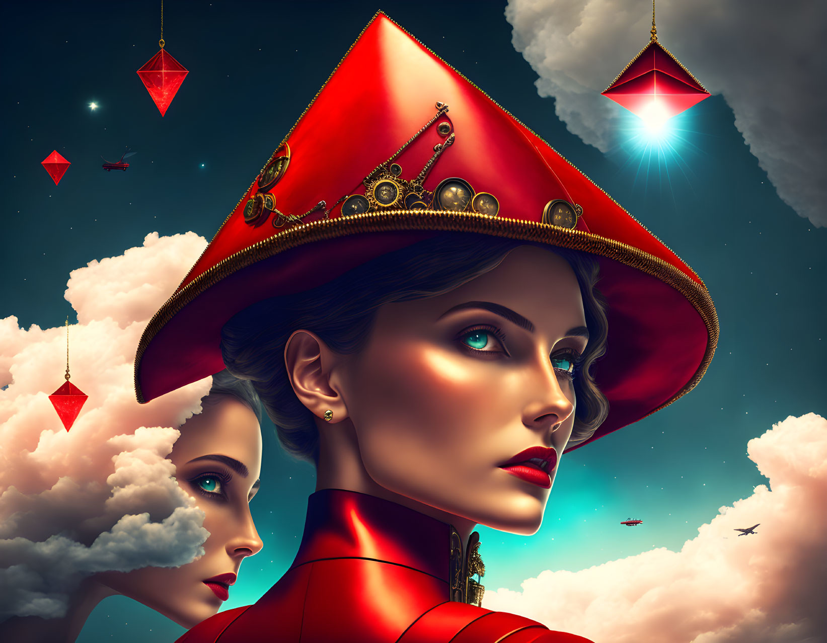 Digital art: Two women in red and gold military attire with blue eyes, set in a night scene