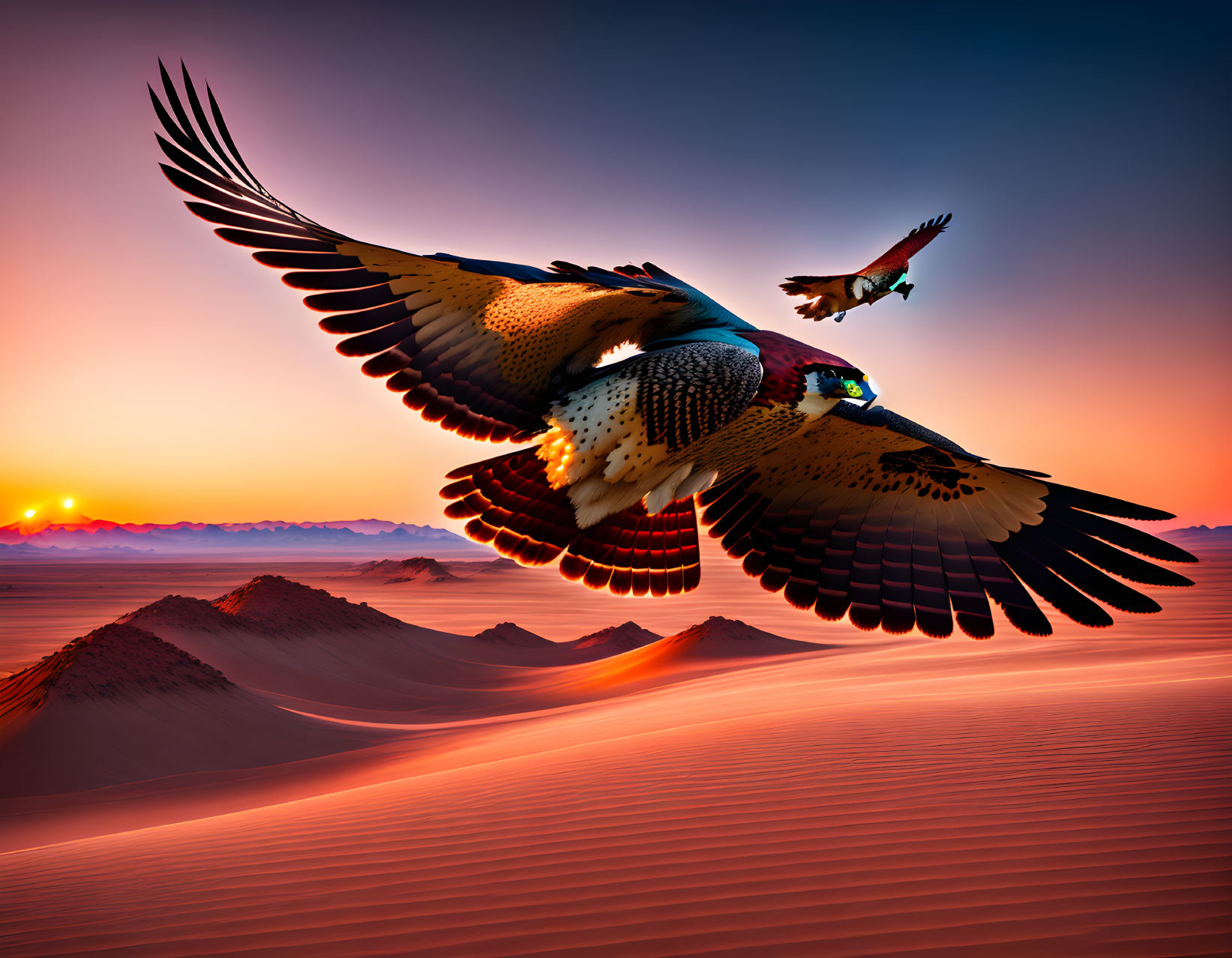 Birds flying over desert sand dunes at sunset