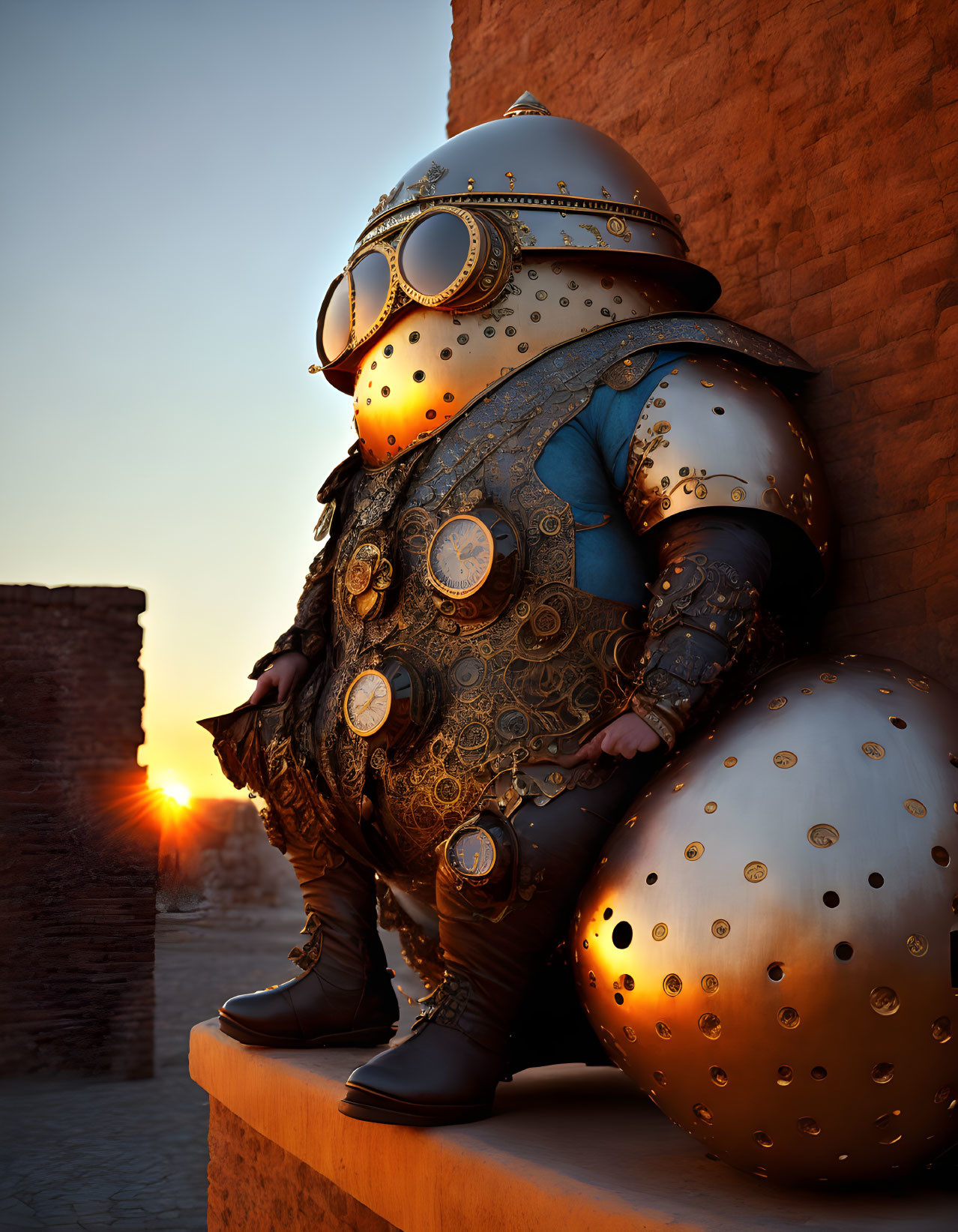 Steampunk-style armor person with goggles and spherical shoulder pads at sunset