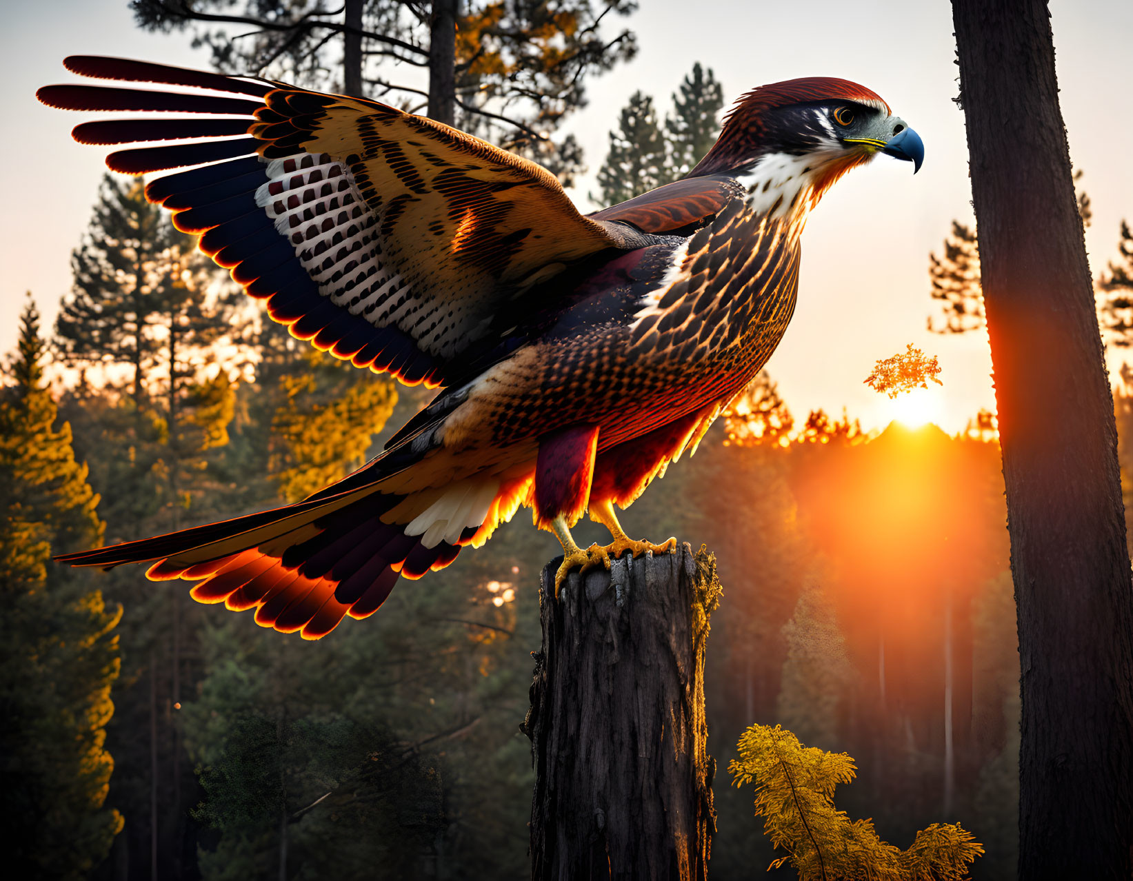 Majestic bird of prey perched on stump at sunset