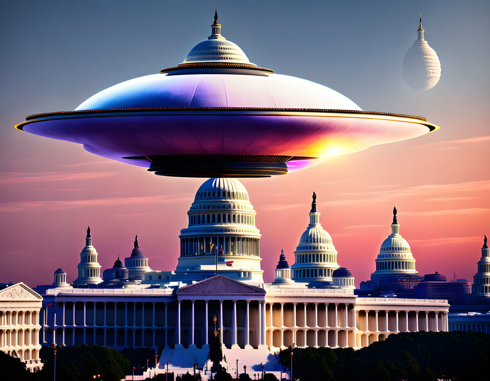 Two UFOs hover over United States Capitol and skyline at dusk