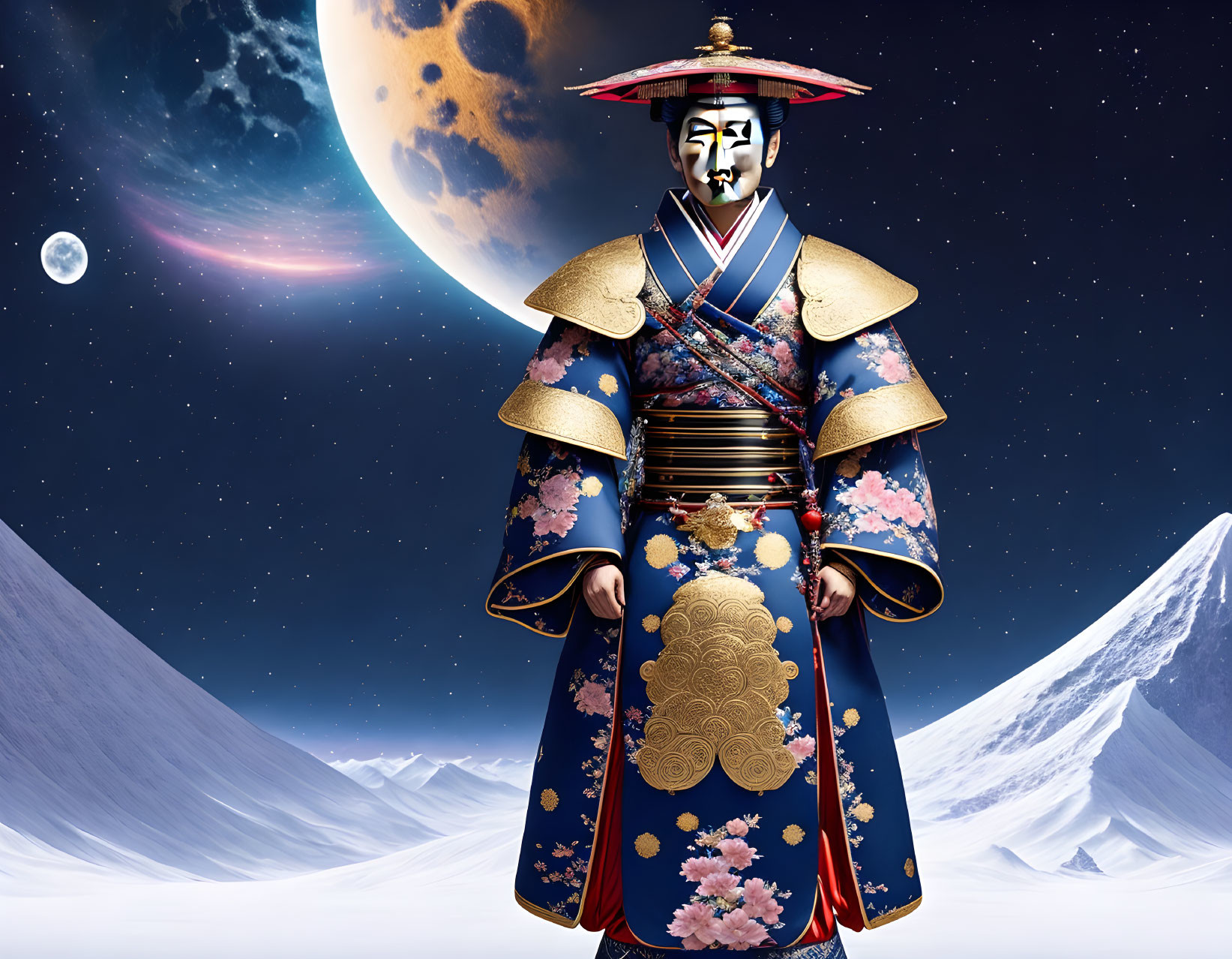 Samurai in ornate floral armor against snowy mountains and starry sky