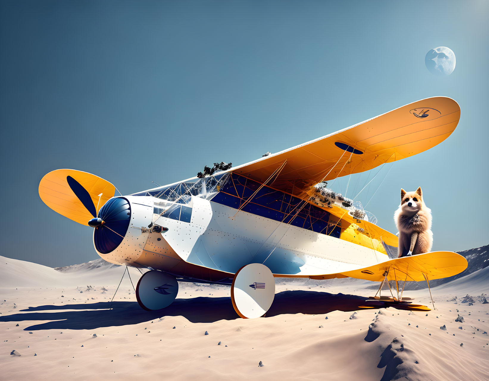 Dog beside vintage biplane in desert under clear sky with moon