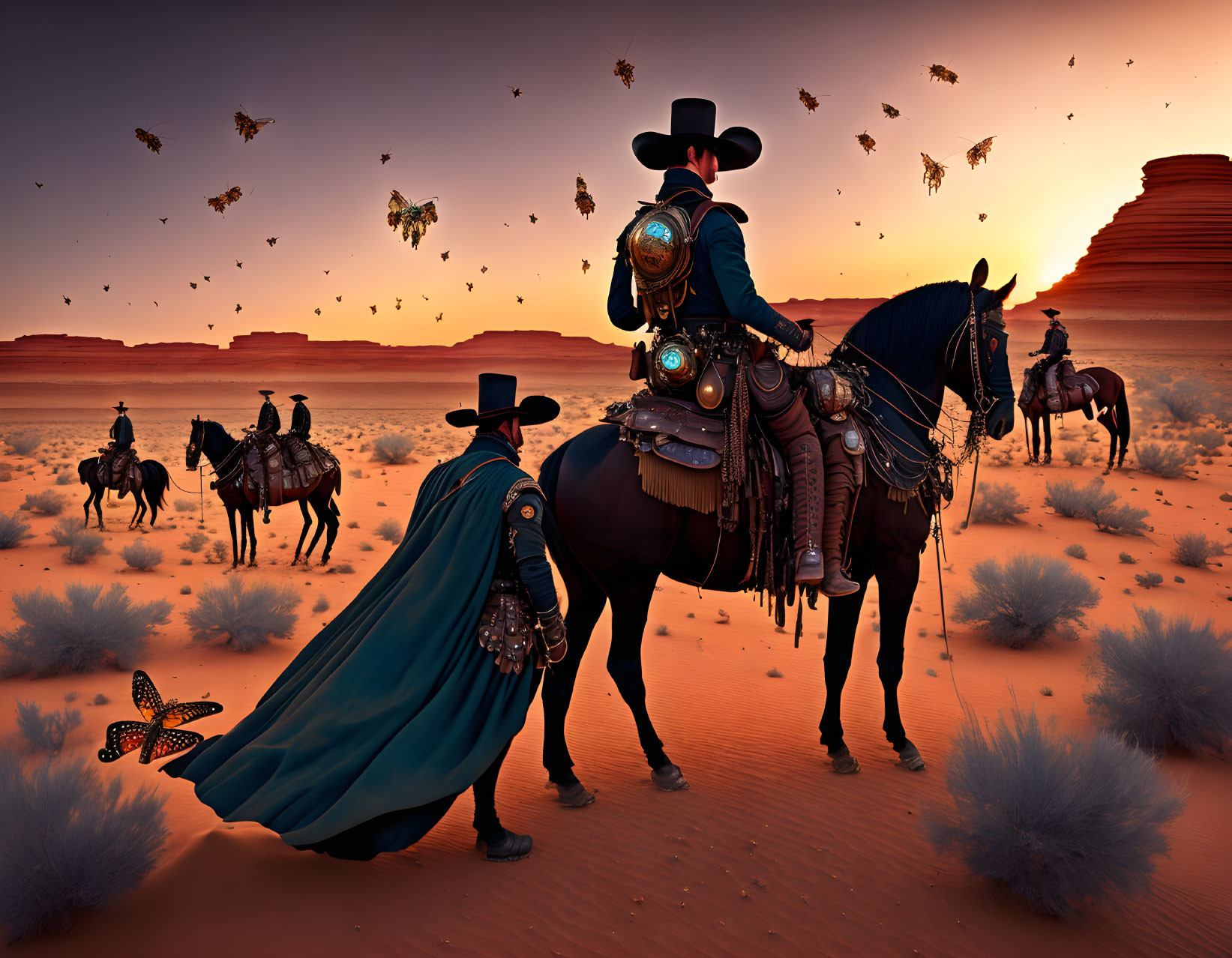 Cowboys on Horseback in Desert with Butterflies at Dusk