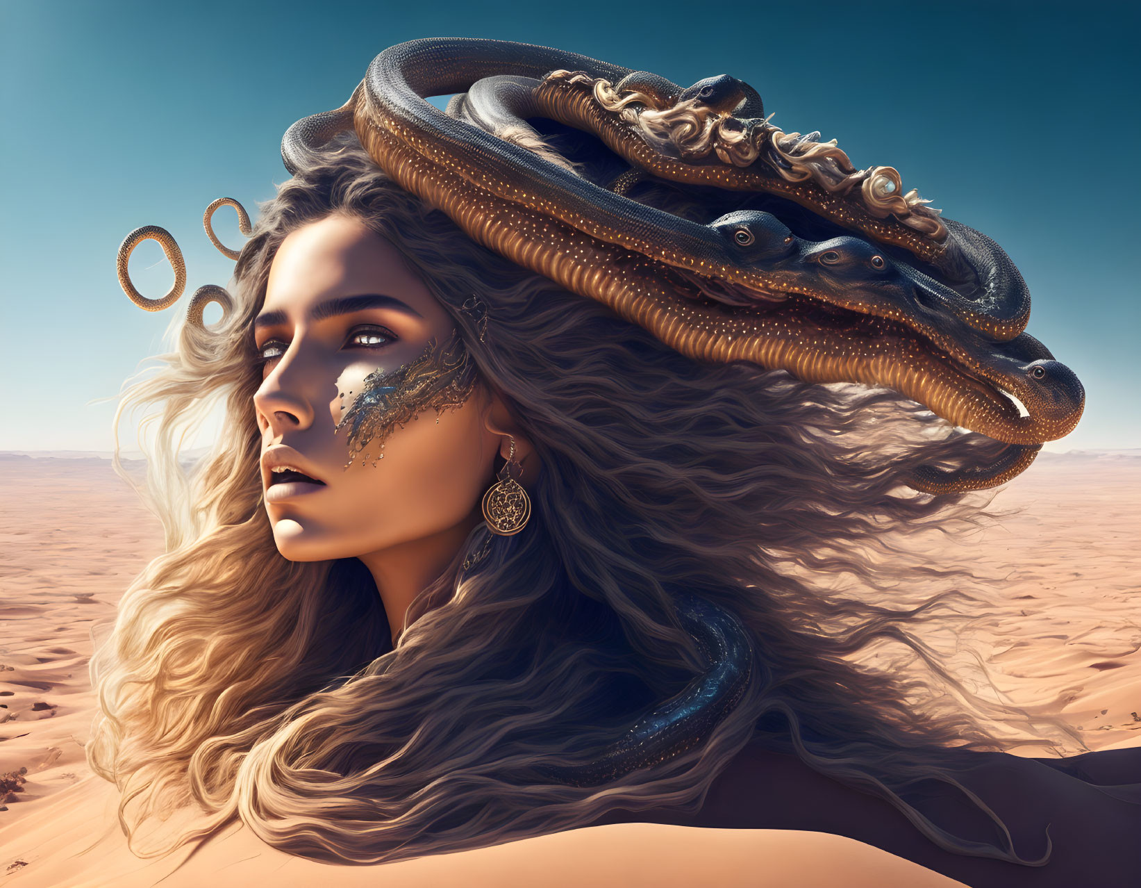 Digital artwork: Woman with flowing hair and serpent in desert.