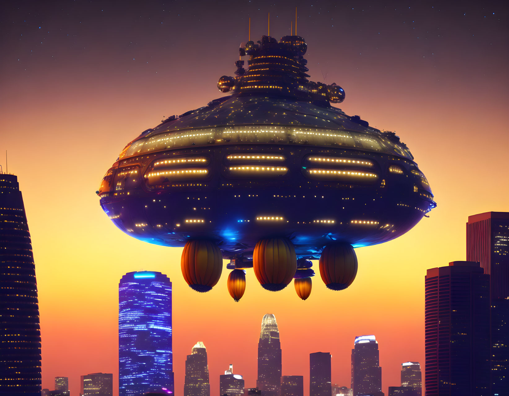 Futuristic cityscape with illuminated UFO at sunset