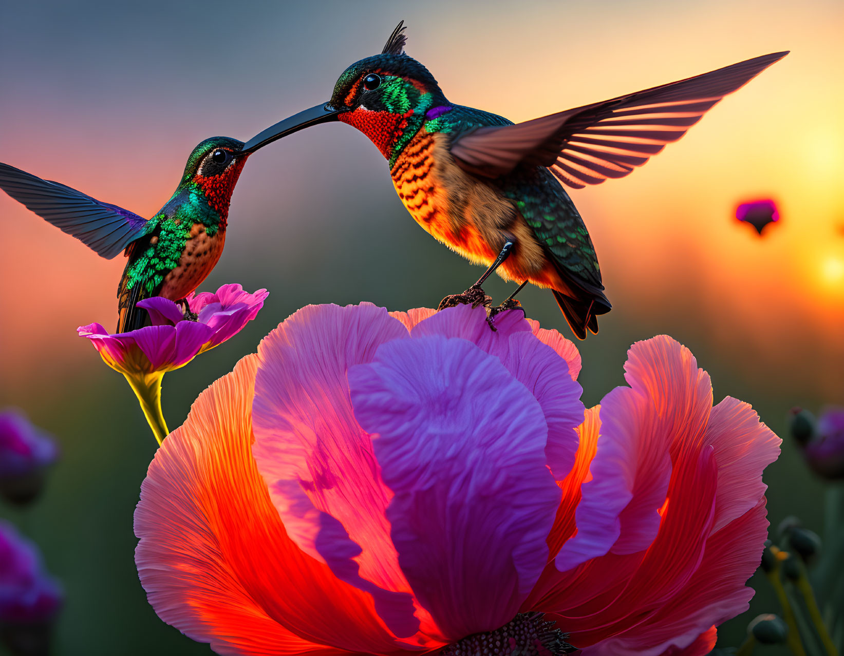 Vibrant red flower with two hummingbirds at sunset