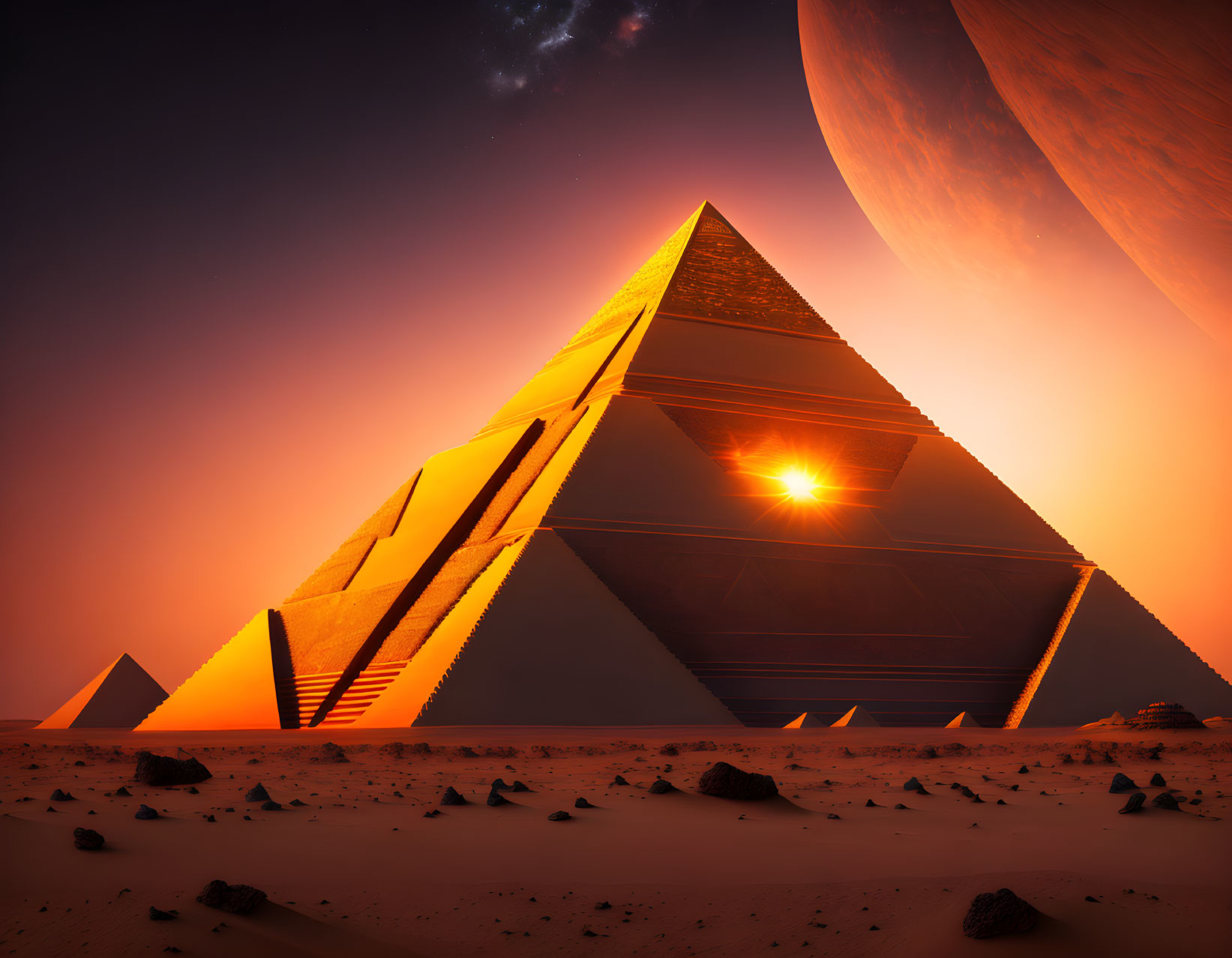 Futuristic pyramids under orange sky with large planet in sci-fi desert landscape